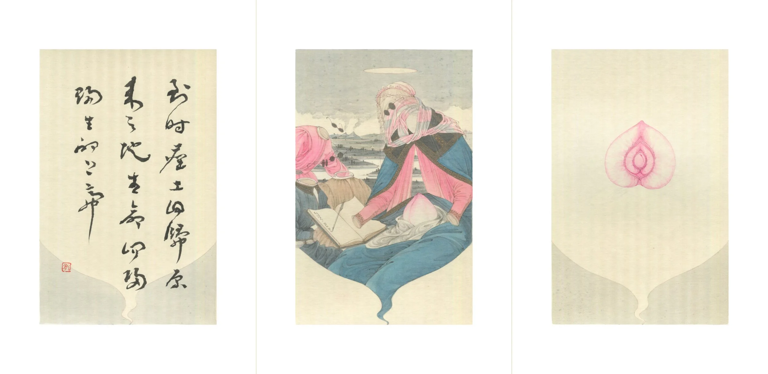  The Message 2021 
 Ink & Colour Pigment on Silk 
 28 x 18 cm (3 panels), 2021 