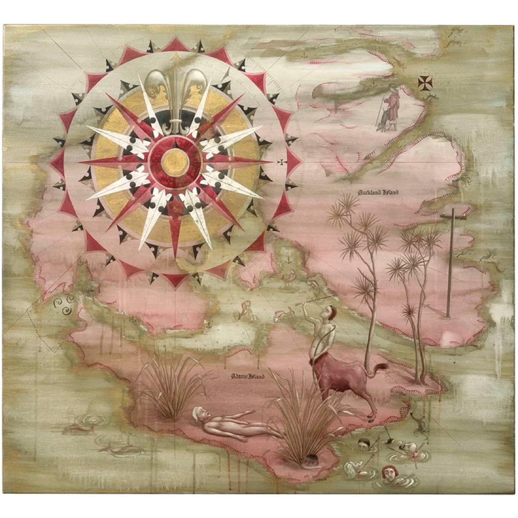  Adams Islands 
 Watercolour, Gold dust and acrylic lacquer on canvas 
 112cm x 112cm, 2024 