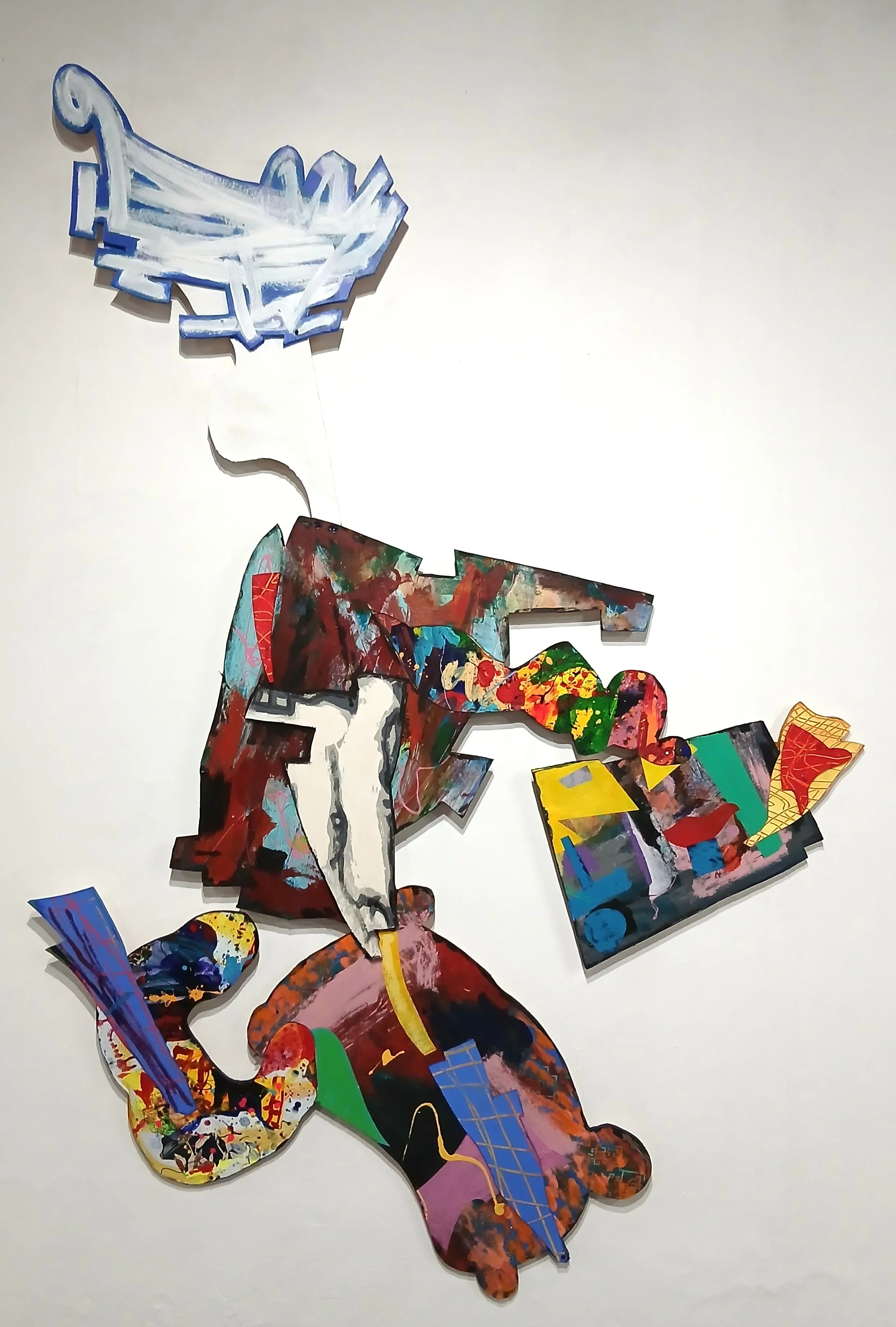  High Cloud 
 Acrylic and enamel on canvas and card on wood  
 183cm x 145cm, 2025 