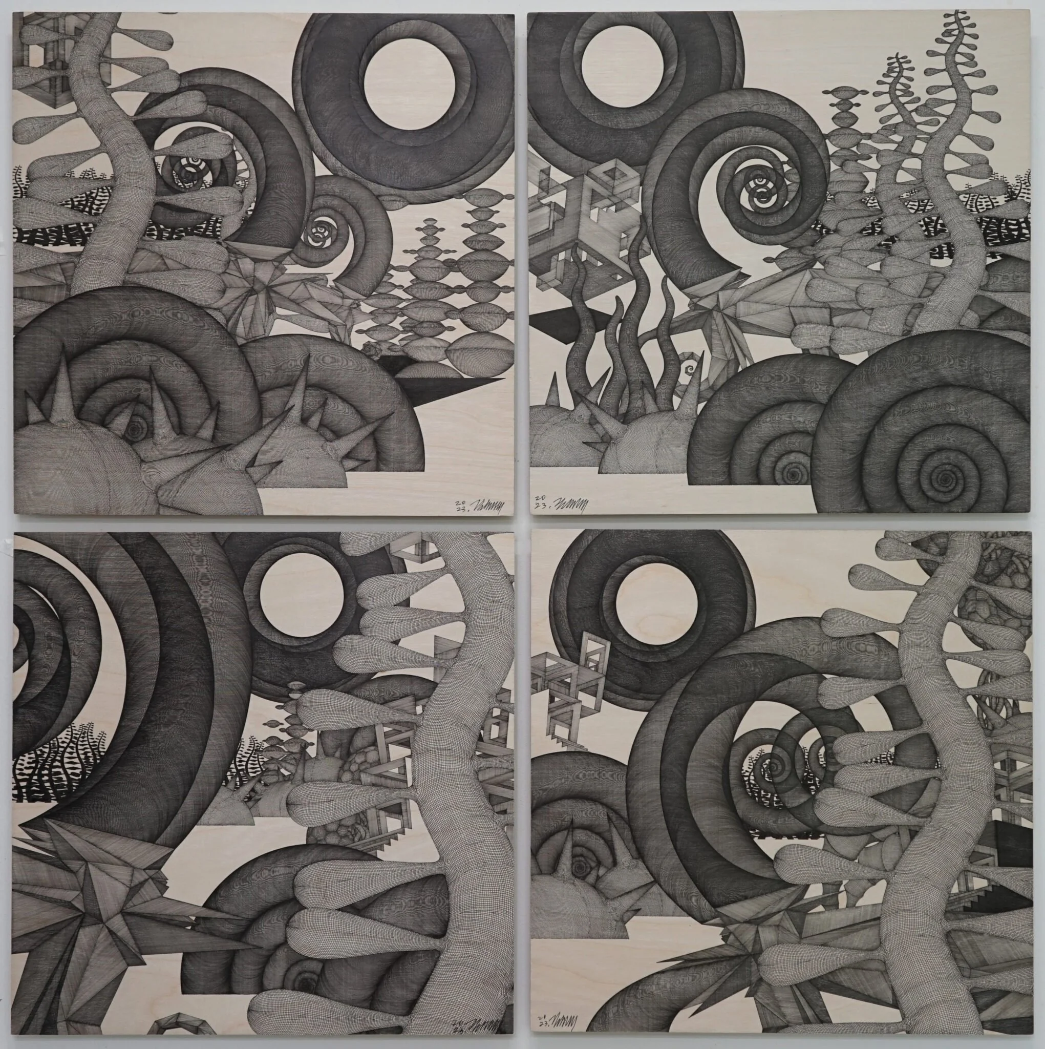  Midsummer Day’s Dream #121 – 124 
 Pen on birchwood panel 
 40 x 40 cm (x4), 2023 