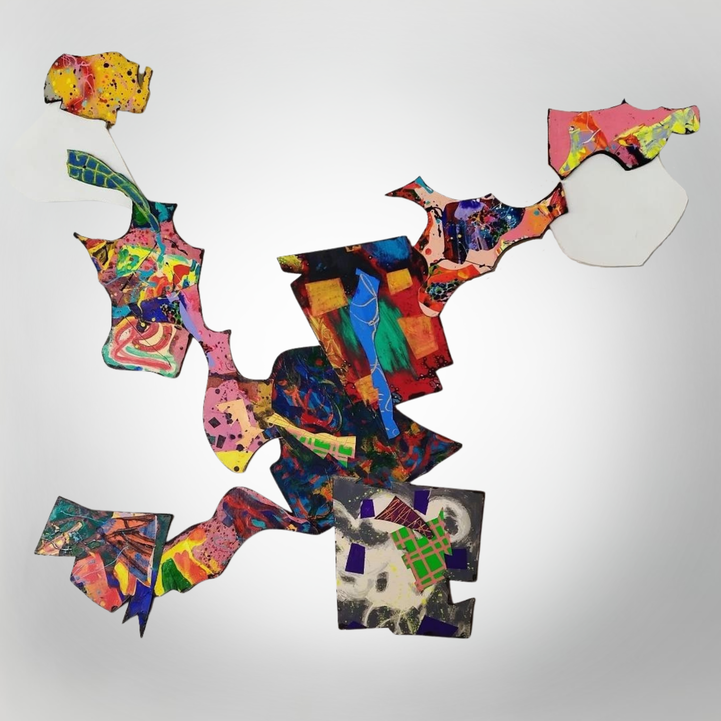  Spinning City 
 Acrylic and enamel on card, canvas and wood 
 171cm x 142cm, 2025 