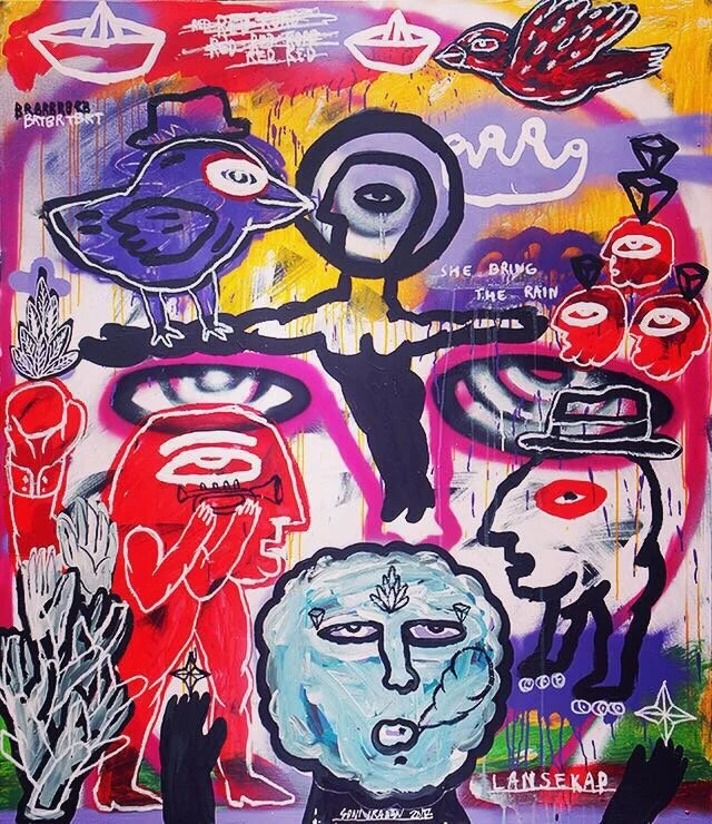  Soni Irawan 
 Hear The Twitter 
 Acrylic, paint marker, spray paint on canvas 
 160 cm x 140 cm, 2018 
