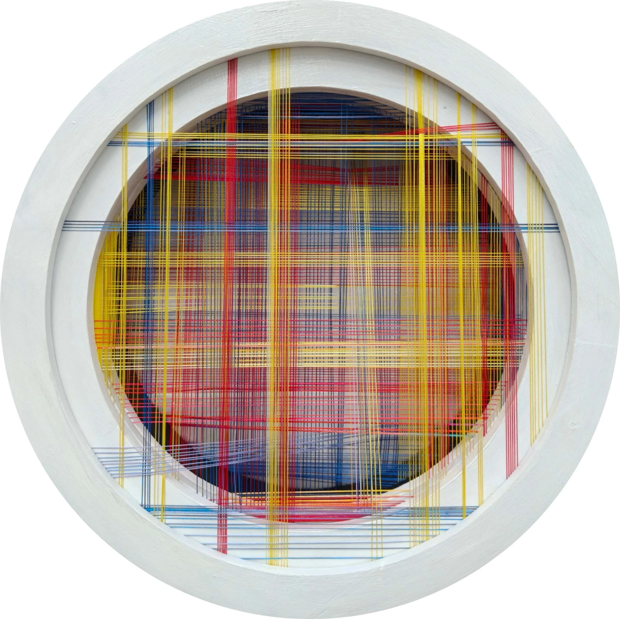  Upright and level 
 Mixed fibre materials 
 34 cm x 34 cm (framed), 2025 