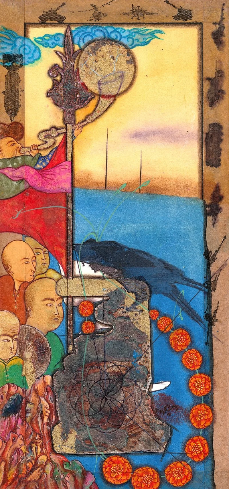 A colorful traditional Asian painting depicting a person blowing smoke towards the sky, with a moon and clouds in the background. Several meditative and contemplative people are illustrated on the left, with decorative elements including red flowers,