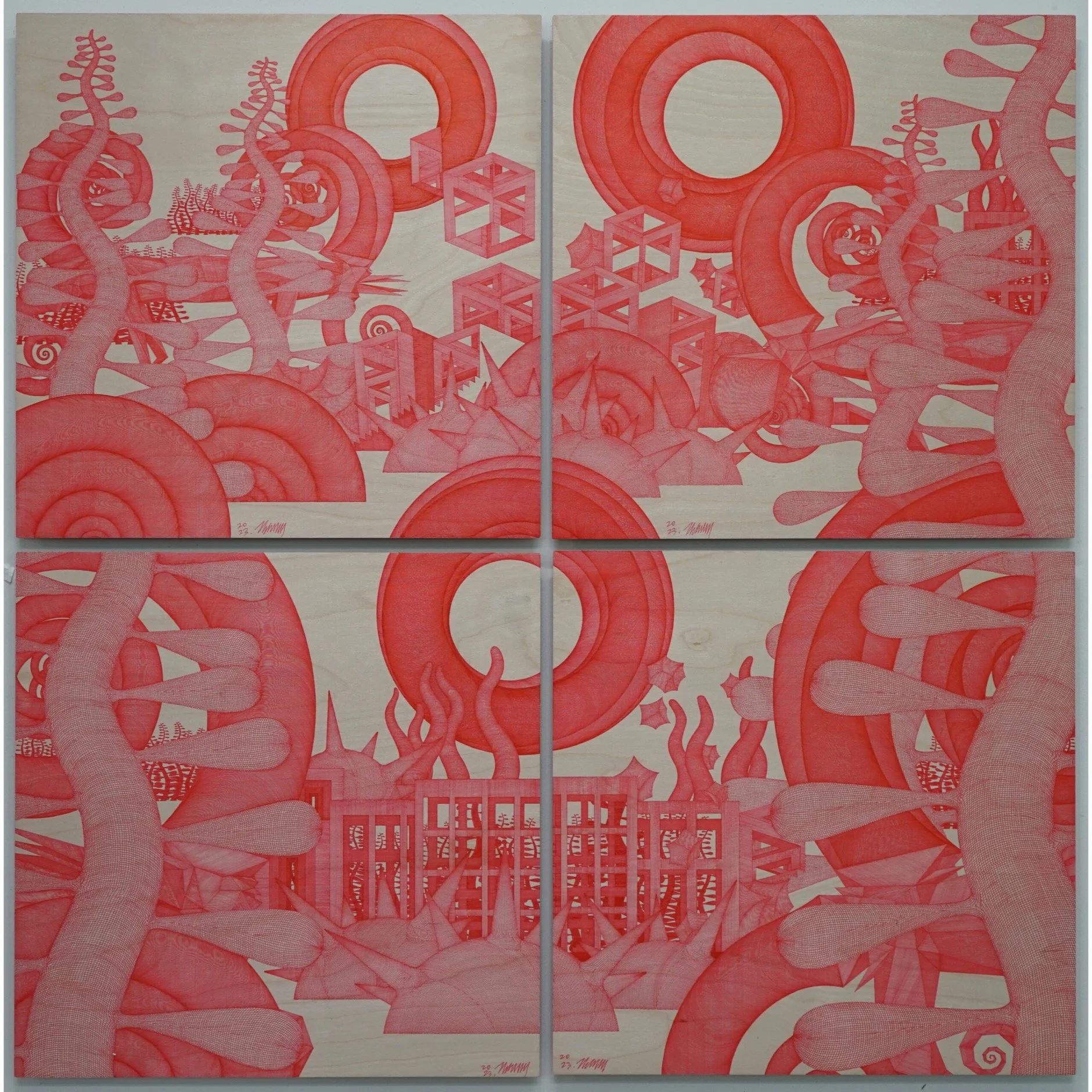  Midsummer Day's Dream #133 – 136 
 Pen on birchwood panel 
 40cm x 40cm x 4, 2023 