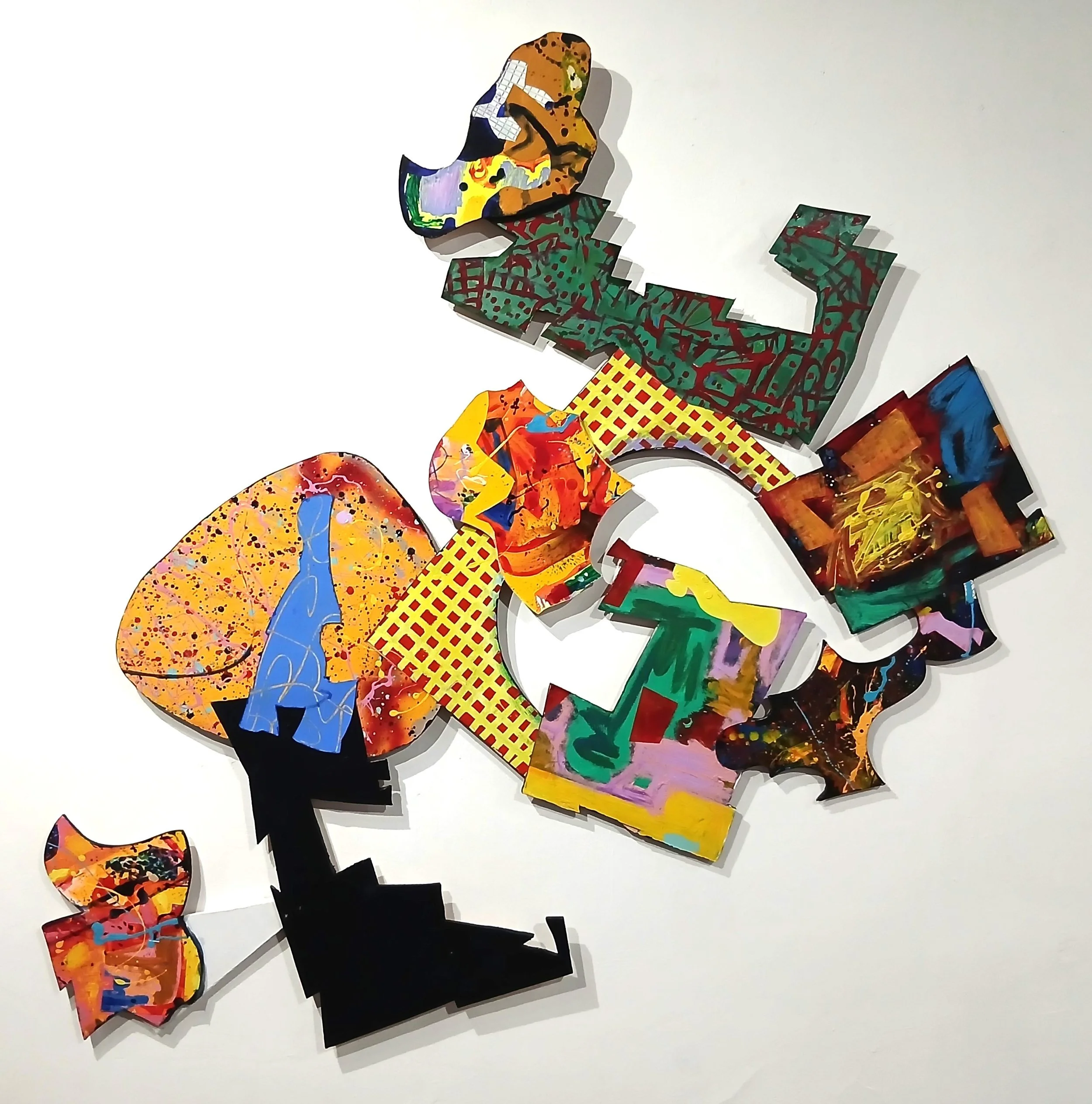  Swerve 
 Acrylic and enamel on canvas and card on wood 
 159cm x 159cm, 2025 