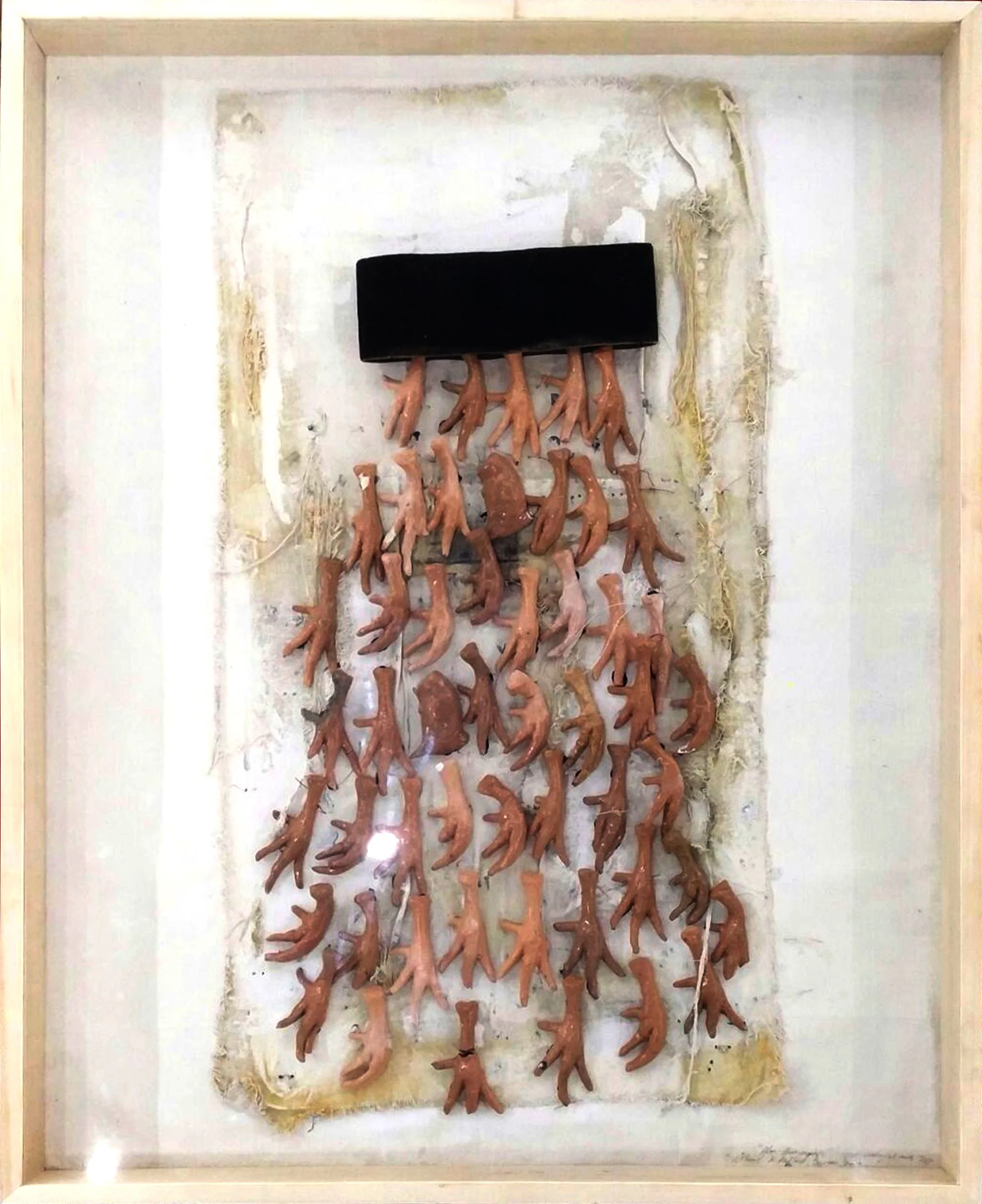  Akar-akar Nyolpe #3 
 Ceramic, canvas, plywood, muslim hat and wooden frame 
 84 cm x 104 cm x 8 cm (framed), 2017 