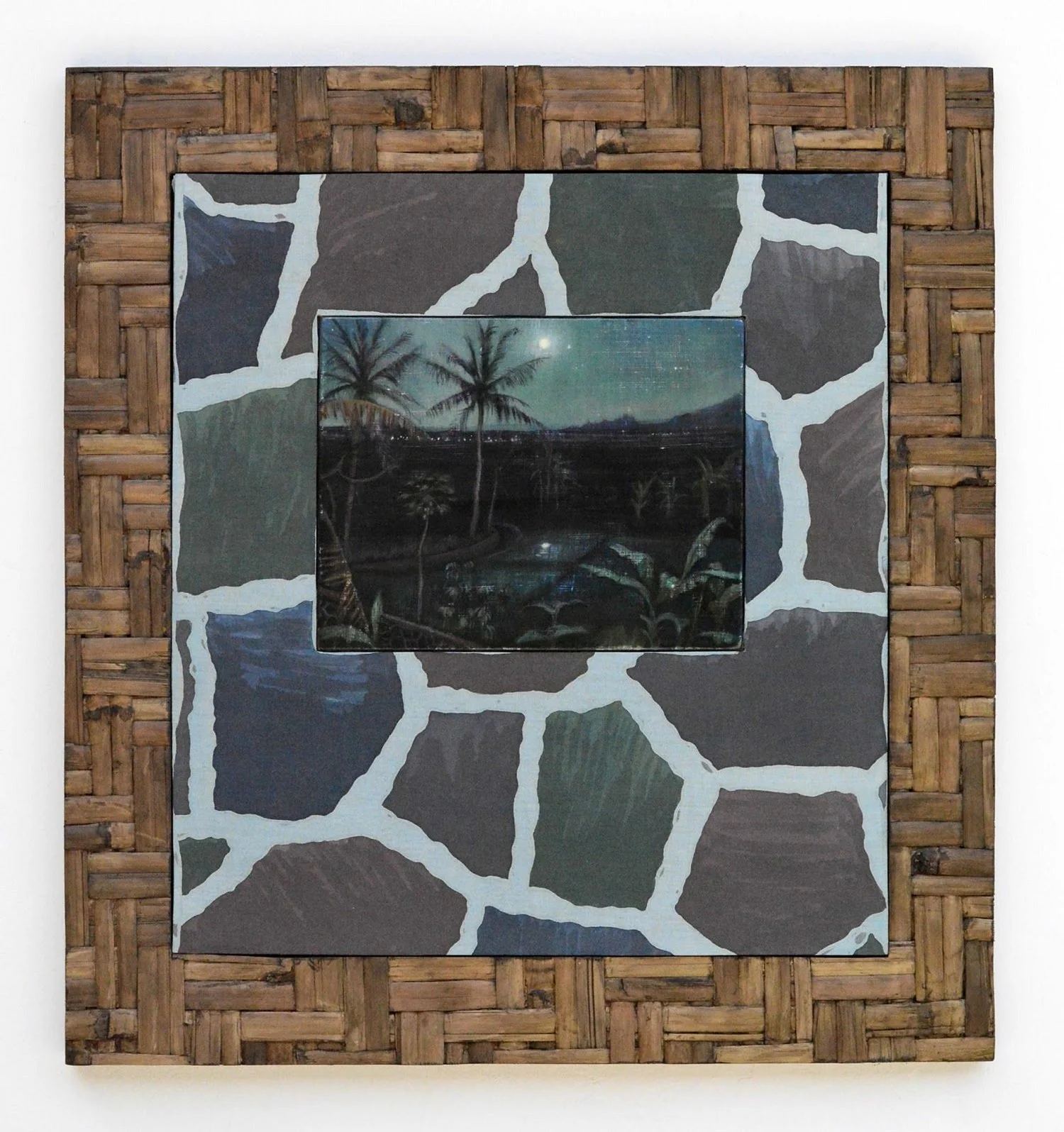 Decorative wall mirror with a wooden and painted frame, featuring a central reflective surface depicting palm trees and a night sky with stars.