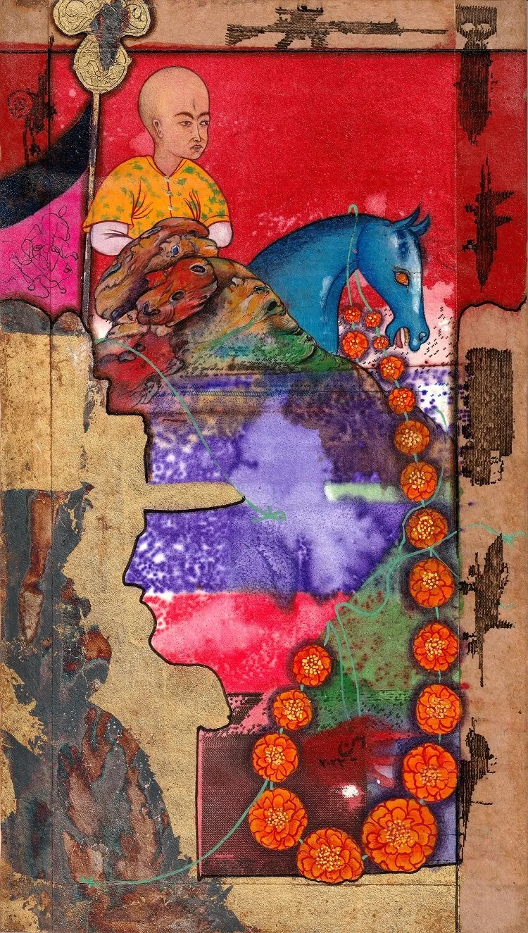 A collage with a red background featuring a Buddhist monk with a shaved head, a blue horse, a lion, and a woman's profile head. Overlaying the elements is a string of orange flowers and a colorful silhouette of a person's face.