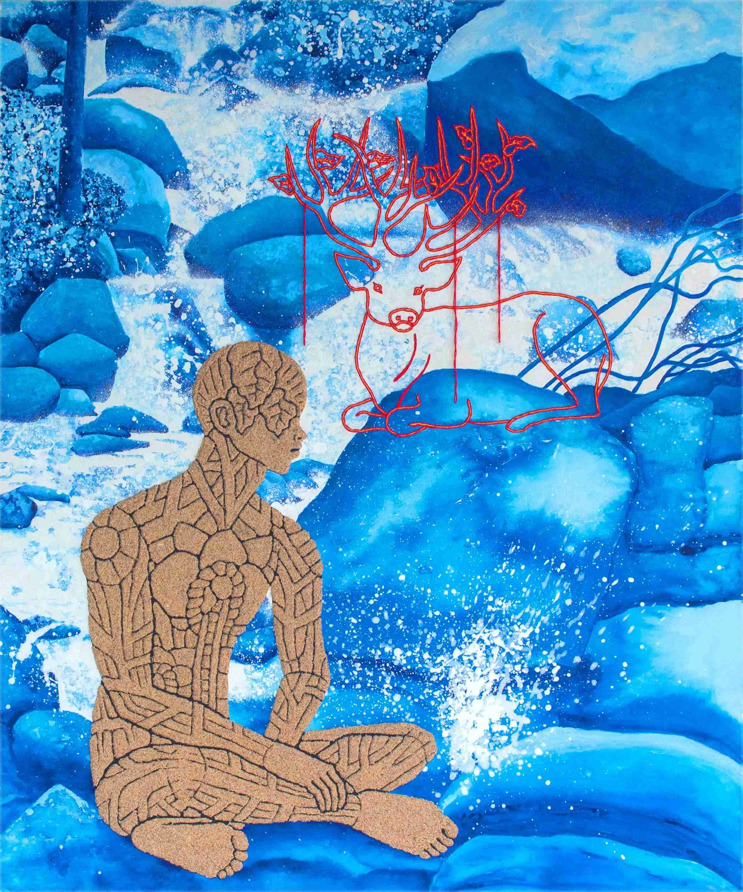  Feel the Flow and Float Within 
 Marble Powder, Hand Embroidery and Ink on Canvas 
 120cm x 100cm, 2025 