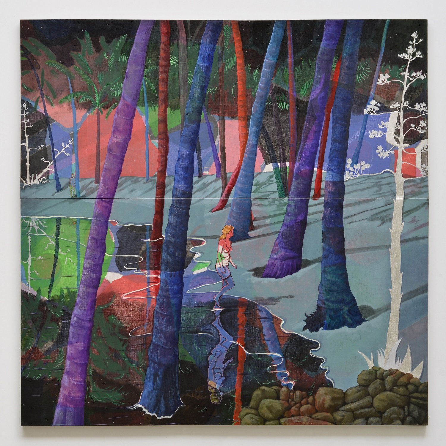 Colorful painting of a forest scene with tall, vibrant trees, a small stream, and a woman walking by the water, with a person visible in the background.