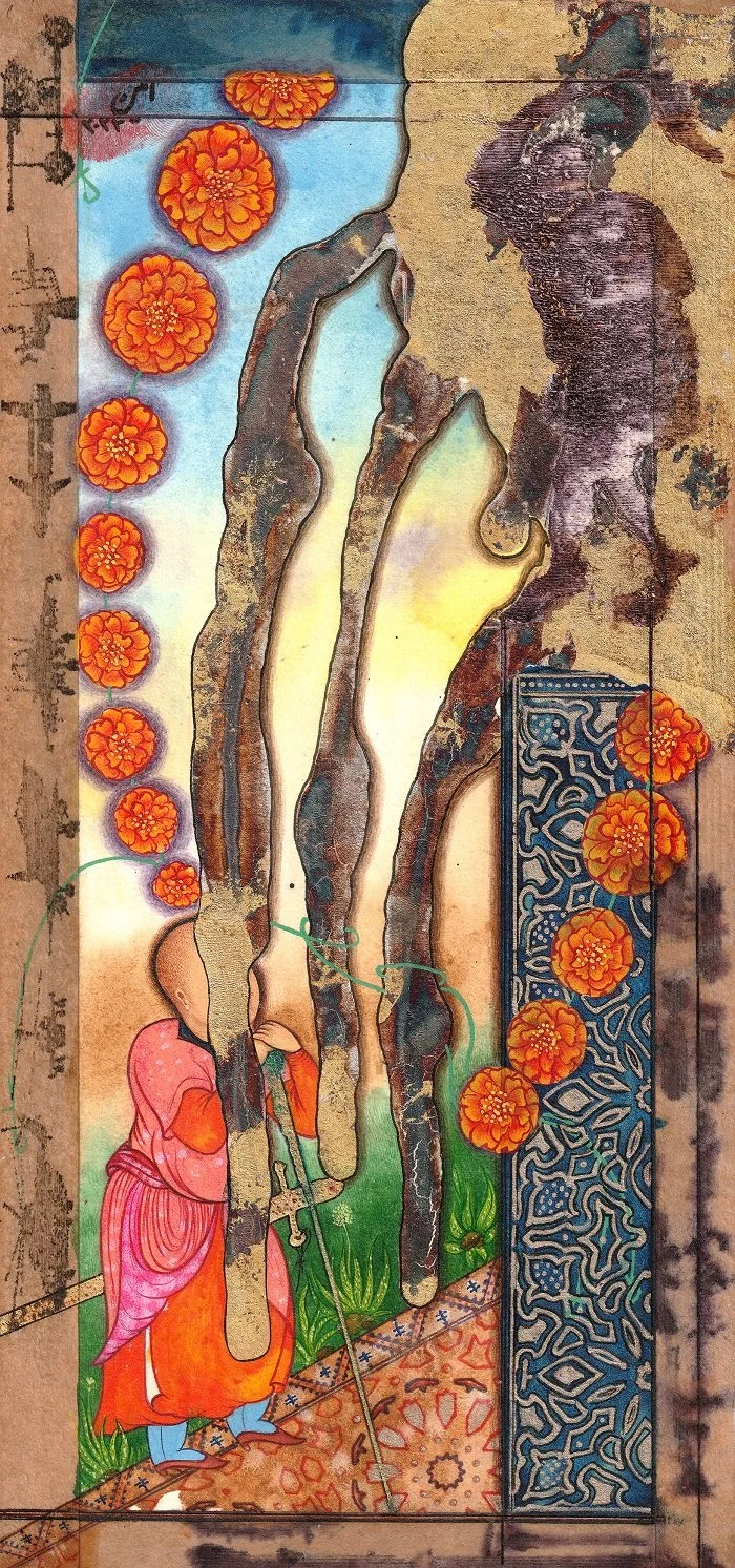 A traditional Islamic or Persian painting depicting a man with a head covering walking with a staff, surrounded by tall trees with orange flowers and a patterned blue wall on the right.