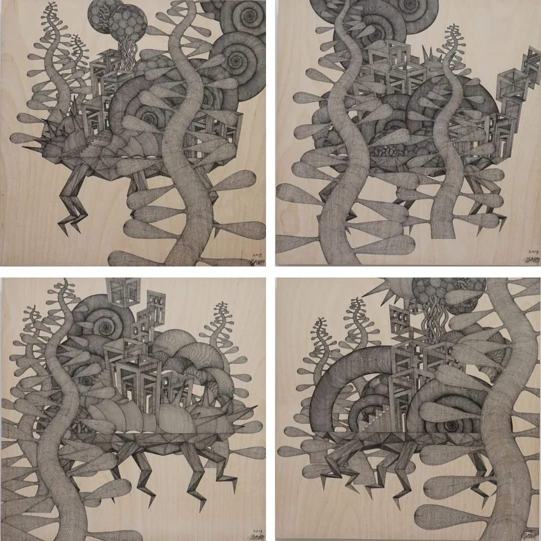  Journey to Nowhere #69, #70, #71, #72 
 Pen on birchwood panel 
 2023 