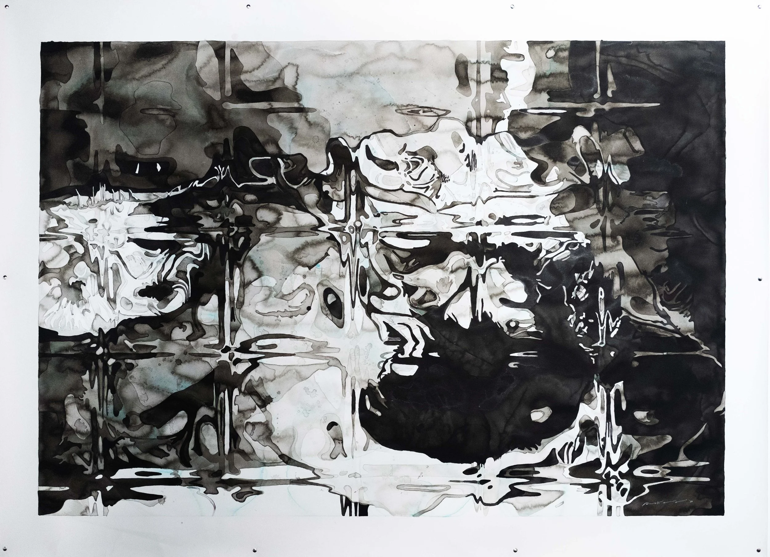 Abstract black and white watercolor painting with fluid, swirling patterns and indistinct shapes.