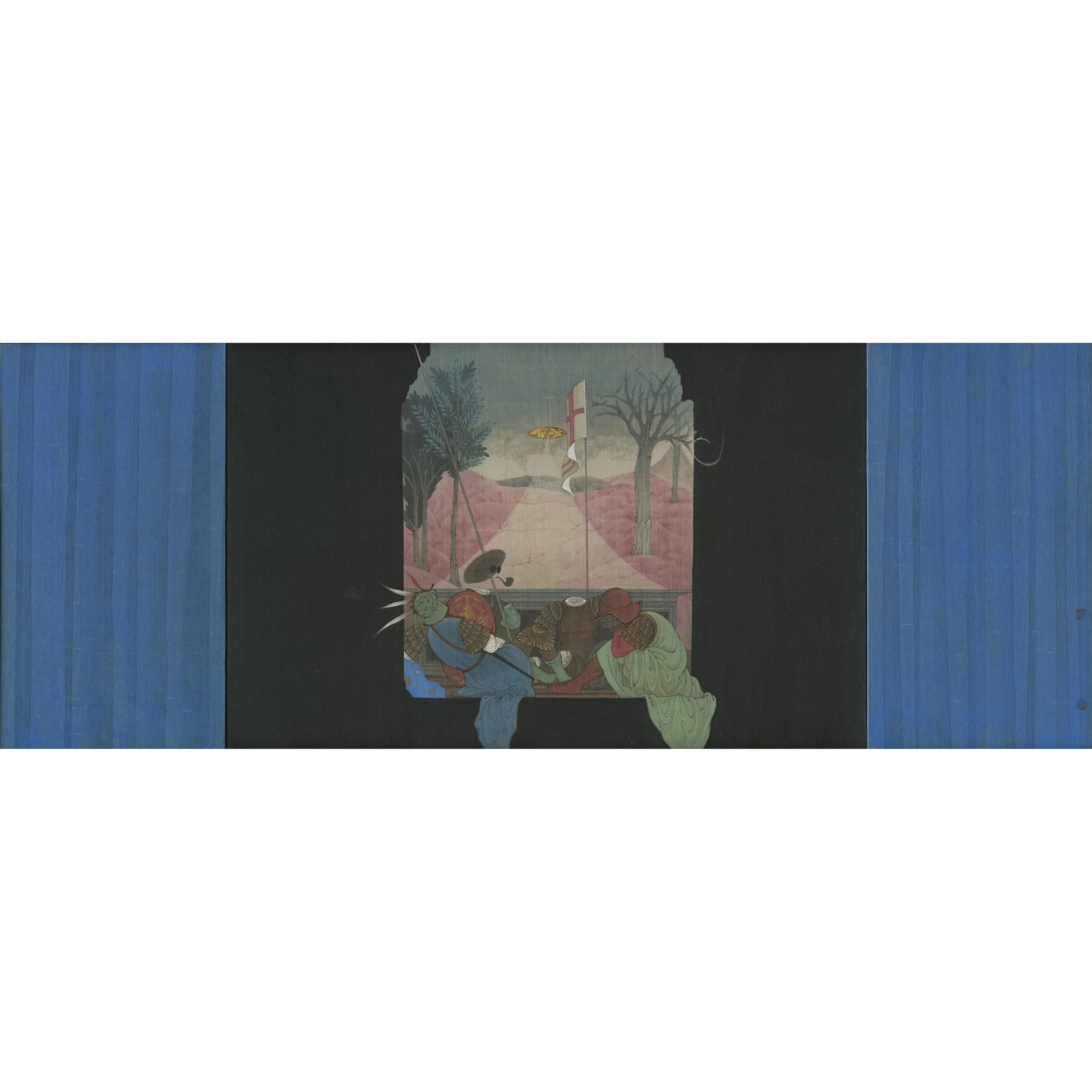  Jin Sha 
 The Blue Veil : To be Ended 
 Ink and colour pigment on silk 
 275cm x 73.2cm, 2025 