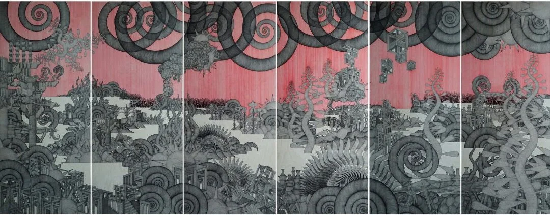  Journey to Nowhere #60 
 Pen on birchwood panel 
 2019 