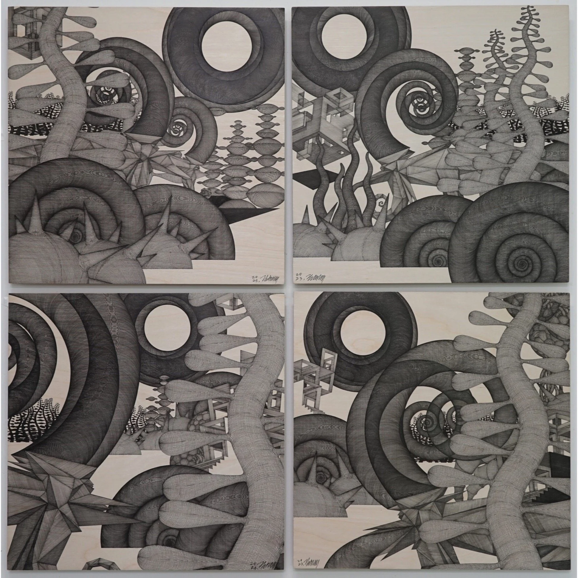  Midsummer Day’s Dream #121 – 124 
 Pen on birchwood panel 
 40cm x 40cm x 4, 2023 