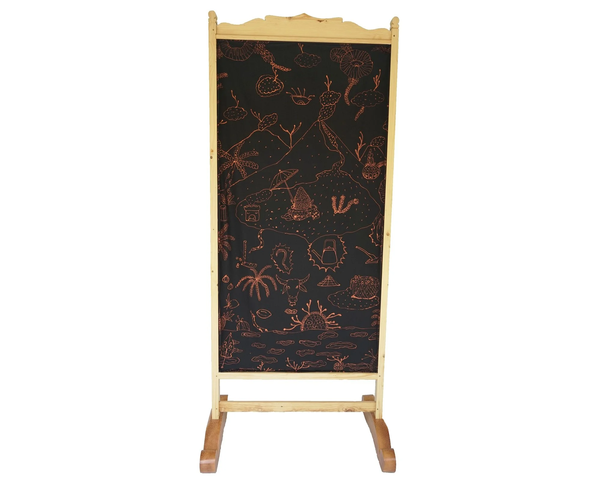 A wooden standing chalkboard with a black surface decorated with intricate pink line drawings of mountains, clouds, plants, animals, and various outdoor scenes.