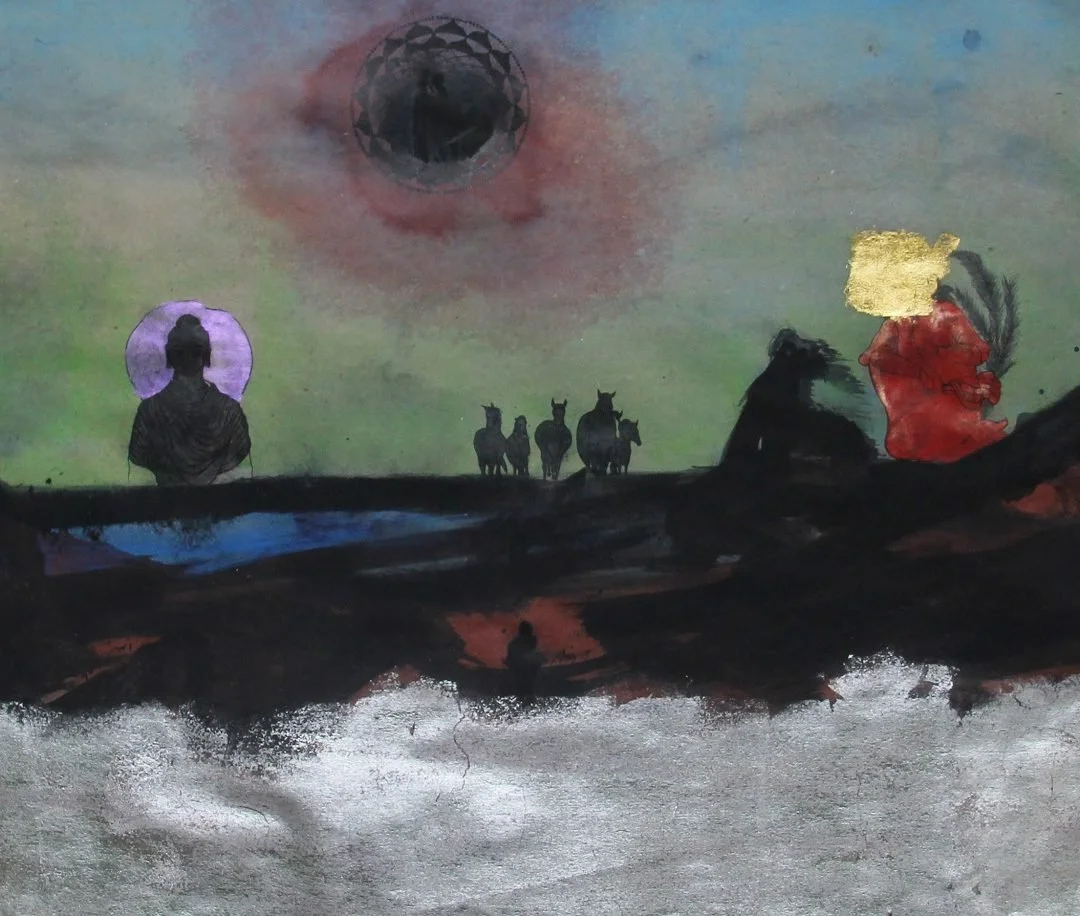 Silhouettes of a woman, a horse, and a person in a red outfit sitting on a dark landscape under a colorful sky with a large, abstract, geometric sphere and a smaller purple circle.