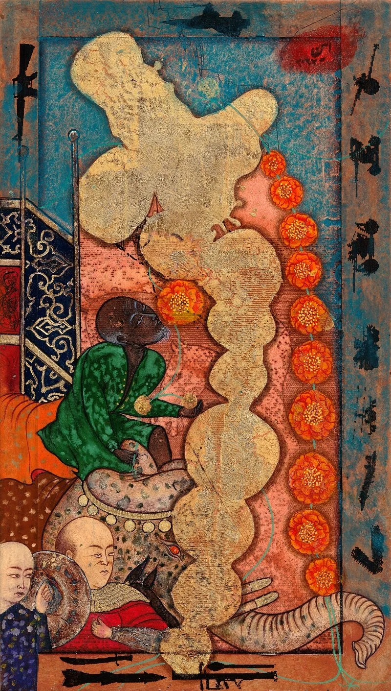 Traditional Asian painting depicting a scene with human figures, a cat, and stylized elements, with bright colors and detailed patterns.