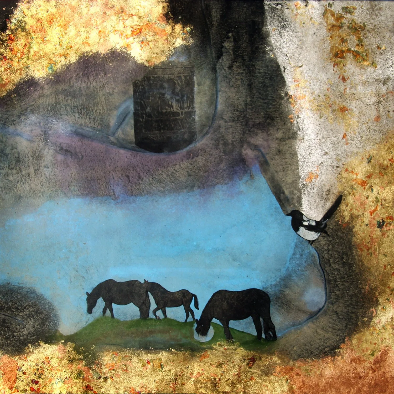 Painted scene of three black horses grazing on green grass in front of a mountainous landscape with large rocks and a cloudy sky, with a black and white bird perched on a rock in the foreground.