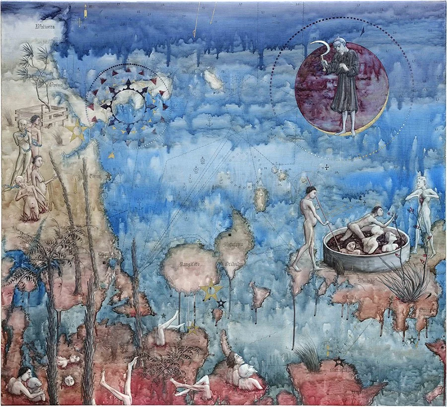  Approaches to Tamaki I 
 Watercolour, Gold dust and acrylic lacquer on canvas 
 2024 