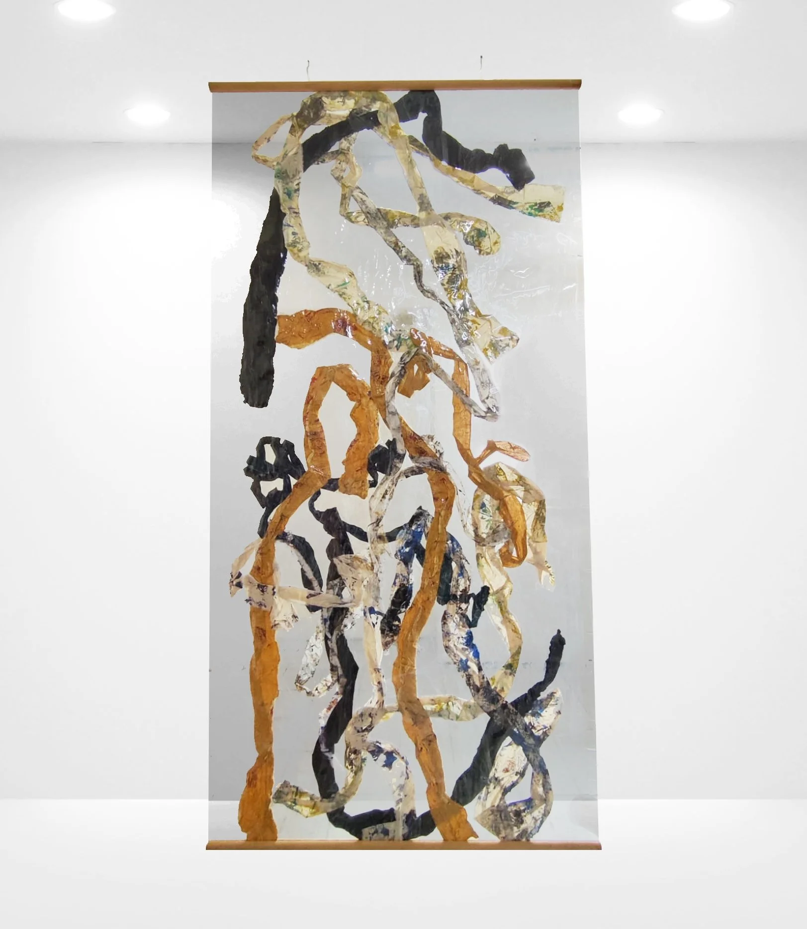  Timbris Seubit (Patchwork Press) 
 Fabric, acrylic glass and wood 
 140 cm x 283 cm, 2023 