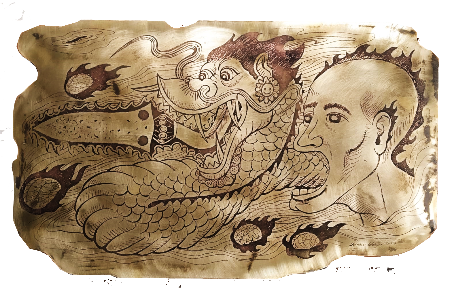  Lathi Geni 
 Etching on brass 
 60 cm x 36 cm, 2020 