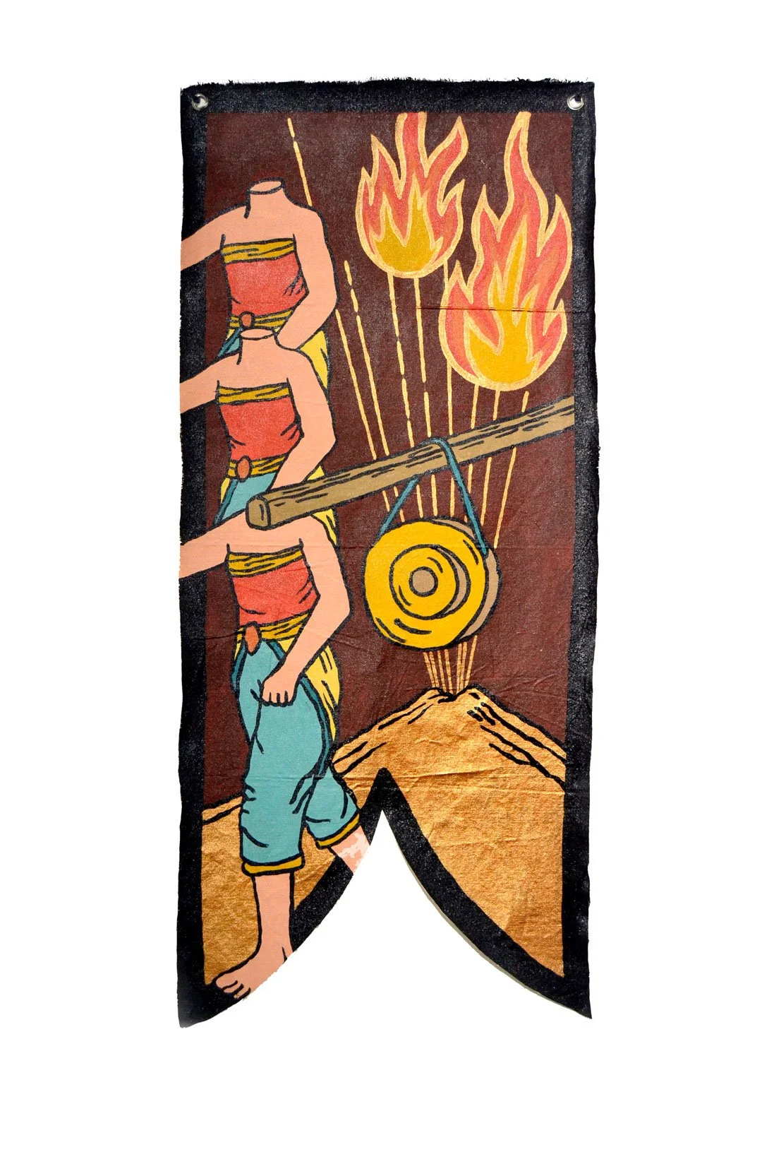 Martial arts banner with three figures in traditional attire, a gong, and flames in the background.