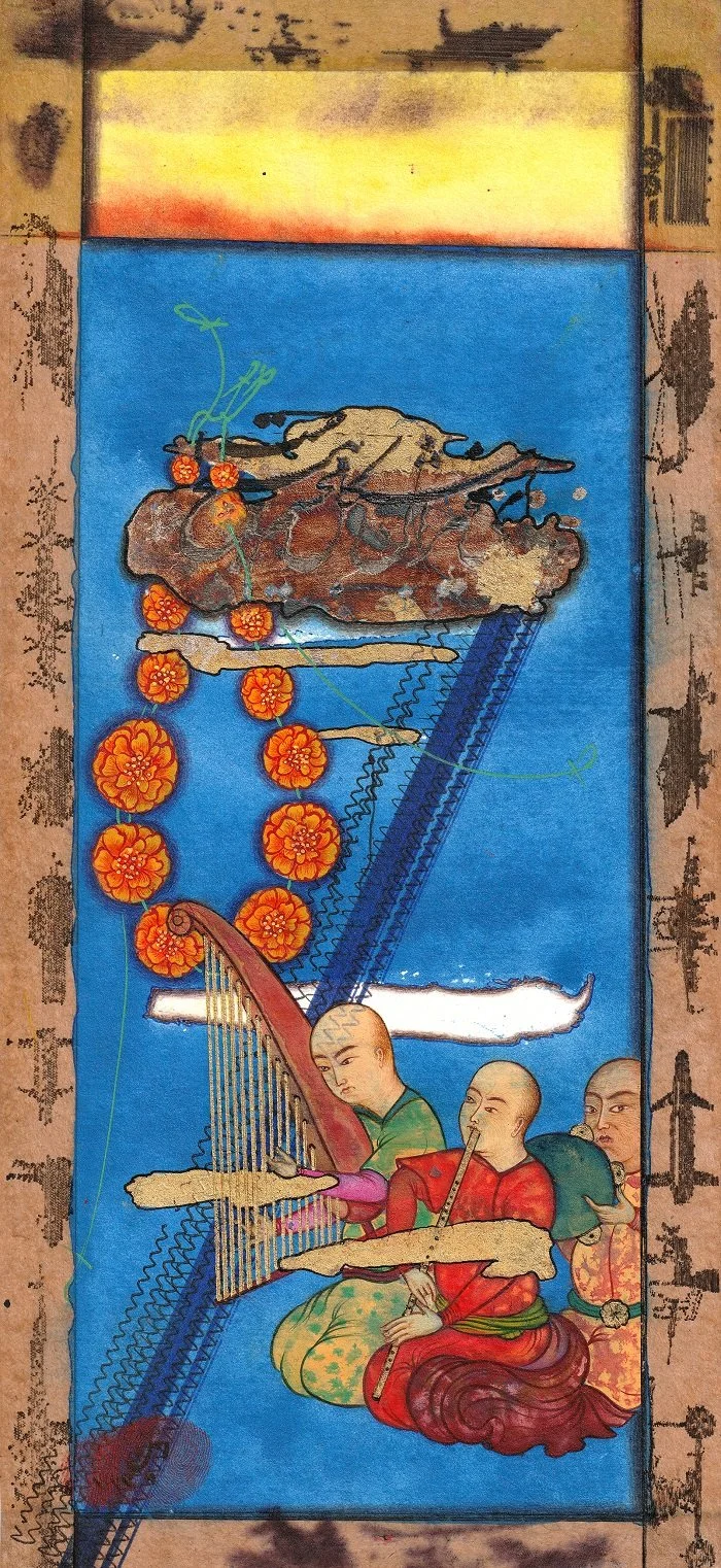 A traditional Asian painting with a landscape, flowers, and three monks playing a stringed instrument.