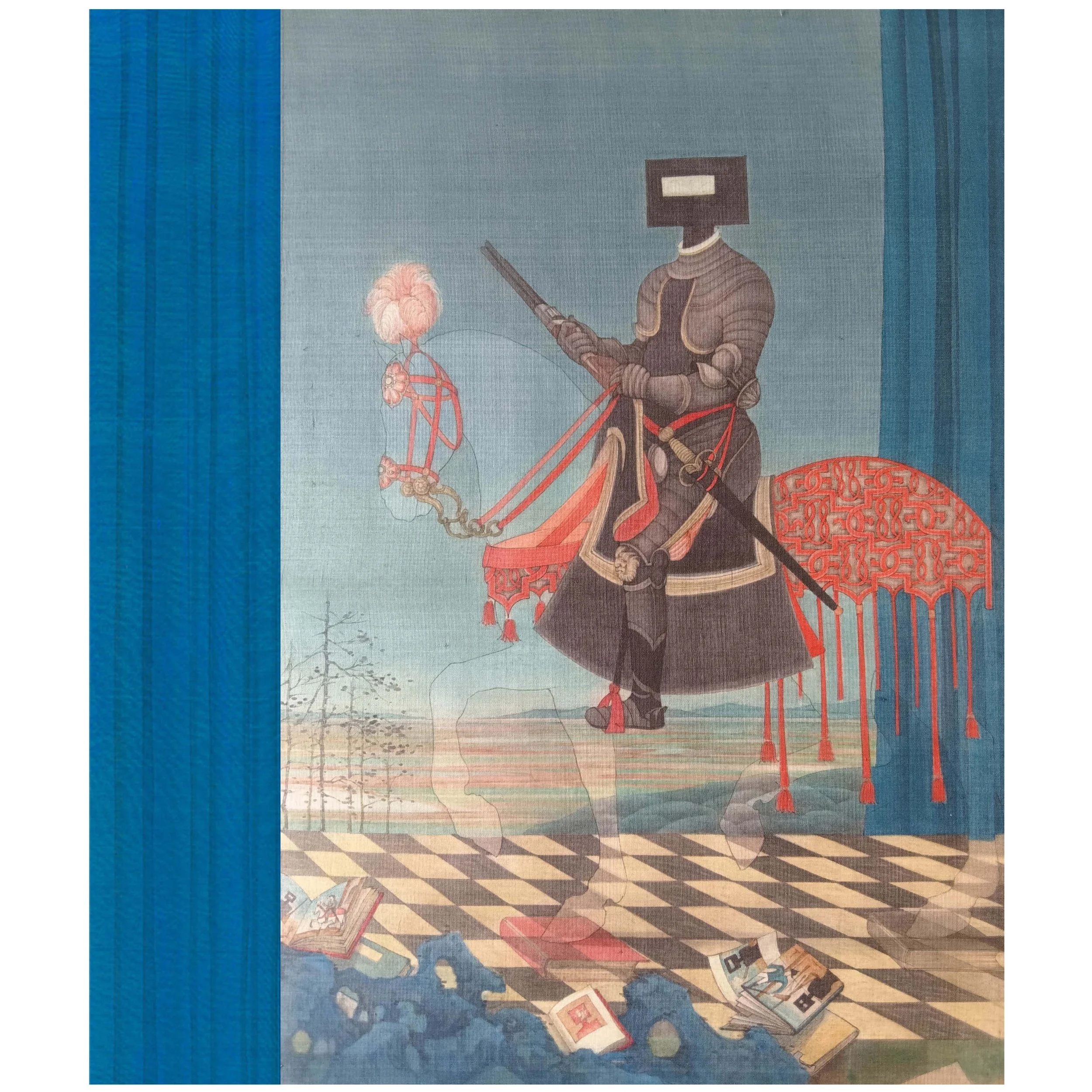  Jin Sha 
 The Blue Veil: Homage to Sidney Nolan No.1 
 Ink and colour pigment on silk 
 48.5cm x 45cm, 2026 