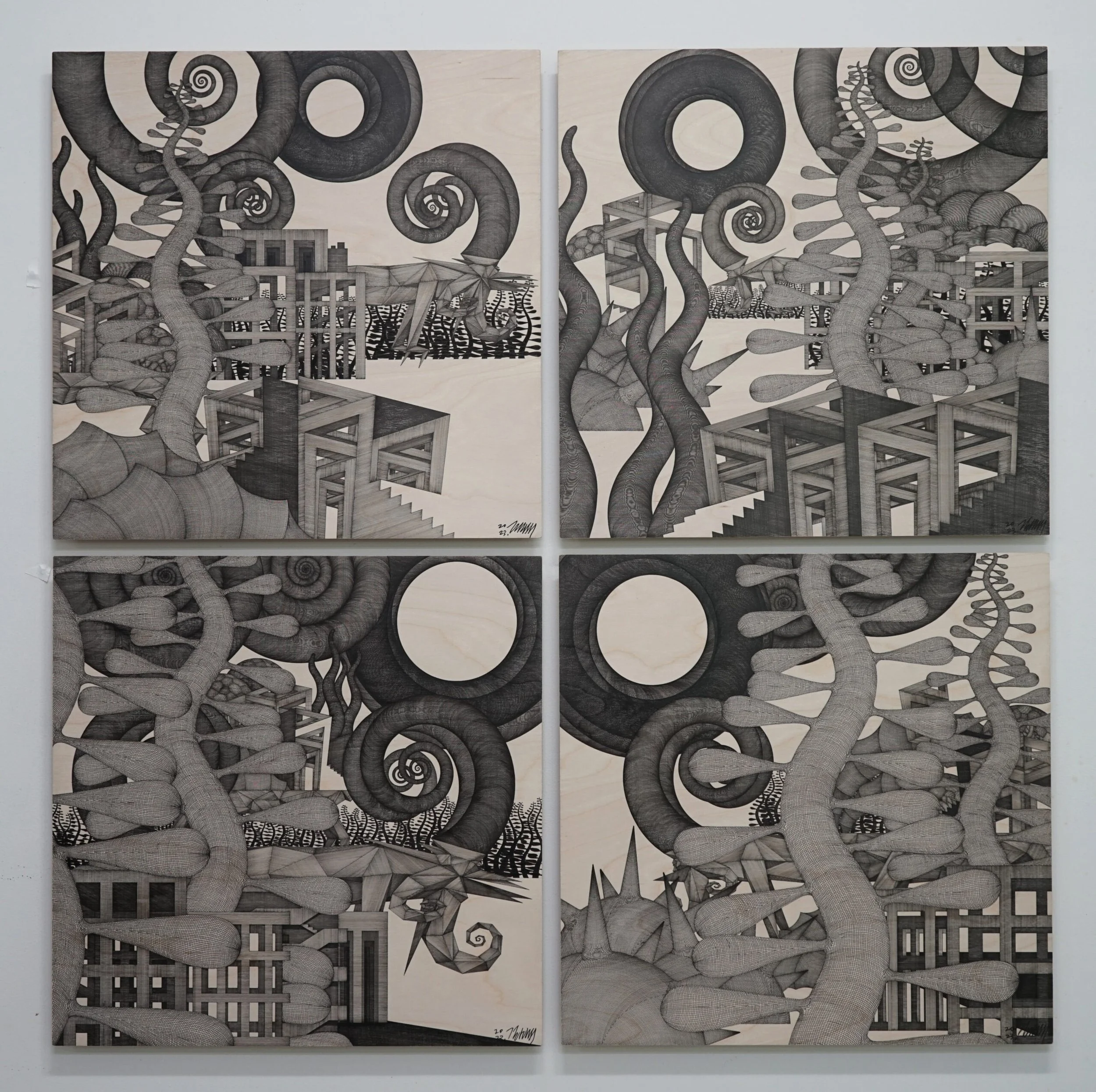 Midsummer Day's Dream #125-128 
 Pen on birchwood panels 
 2023 