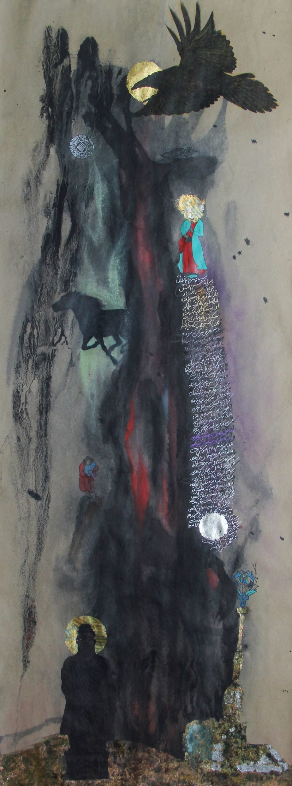 Mixed media artwork featuring a large black mountain-like shape with various detailed elements and figures. There is a person with a halo standing at the bottom, a figure reading a book, a silhouette of a wolf, a colorful figure in blue and red, a bl