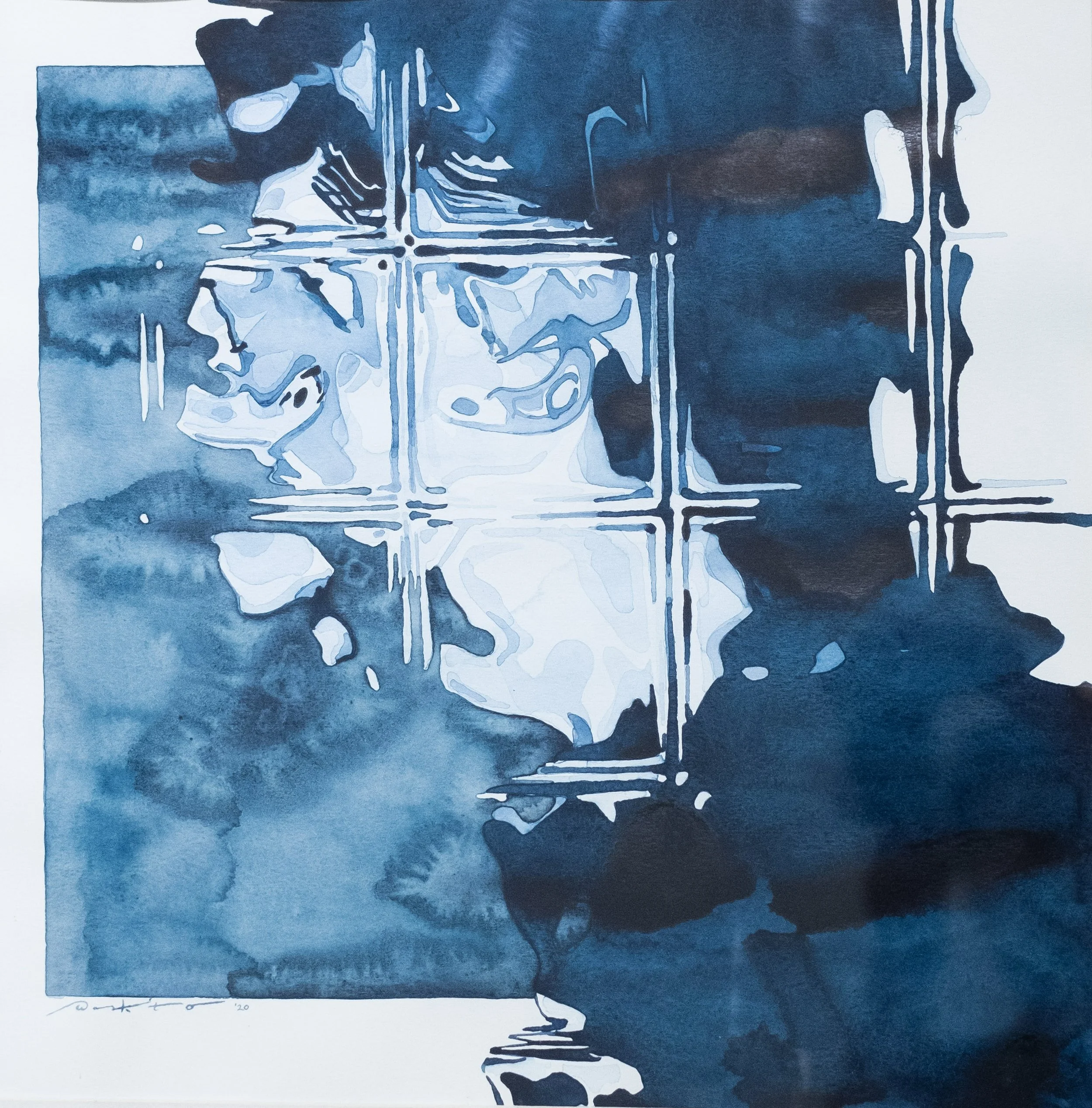 Blue watercolor painting of a person climbing a ladder reflected in water, with the artist's signature and date '20' at the bottom left.