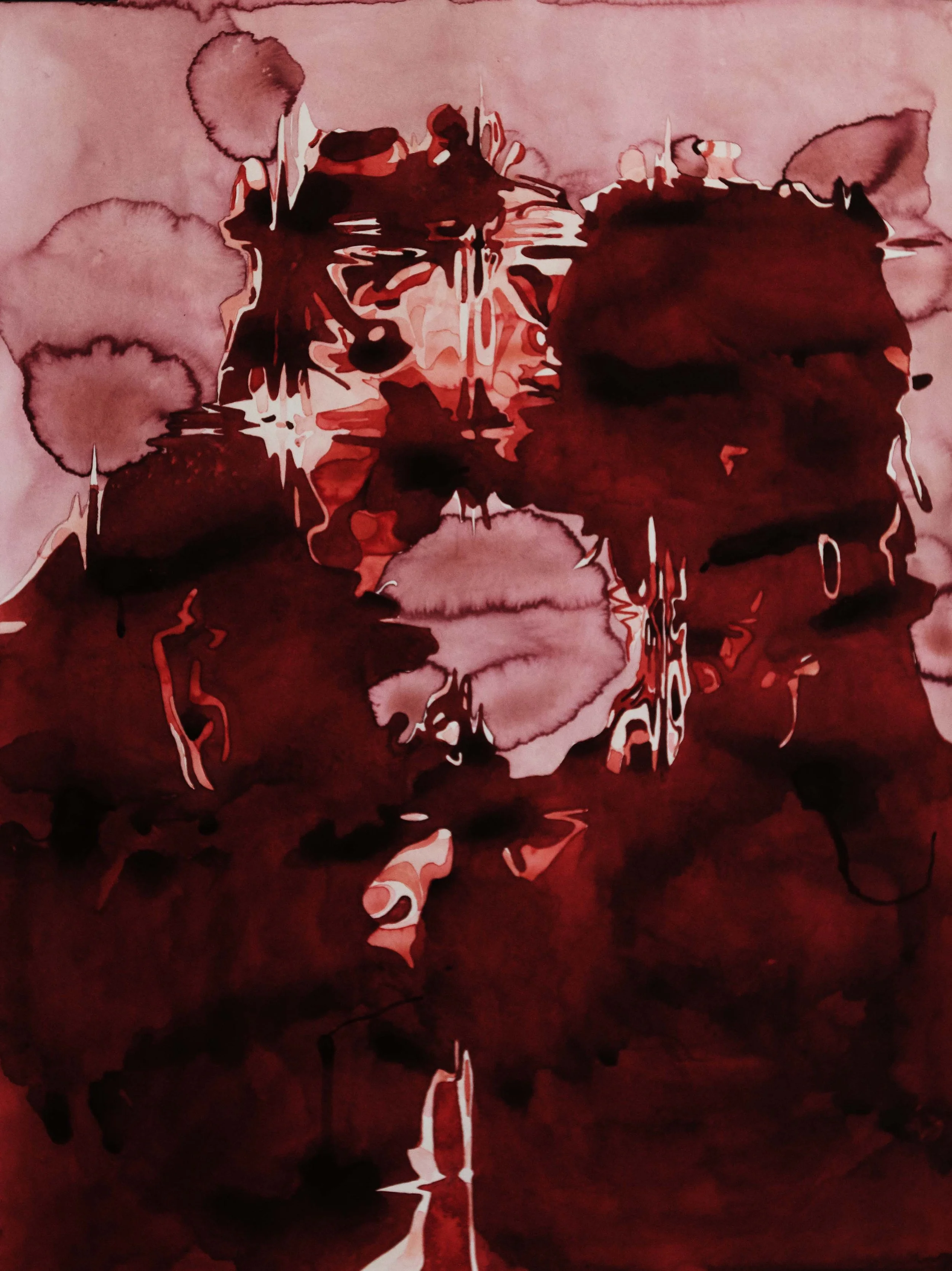 Abstract watercolor painting of a face in shades of red, pink, and black, with bold brushstrokes and fluid lines.