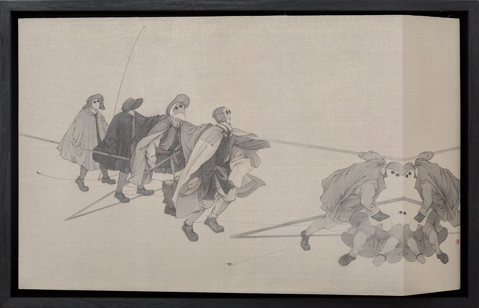  The Trap by Bruegel 
 Ink & Colour Pigment on Silk 
 38 x 64 cm, 2018 