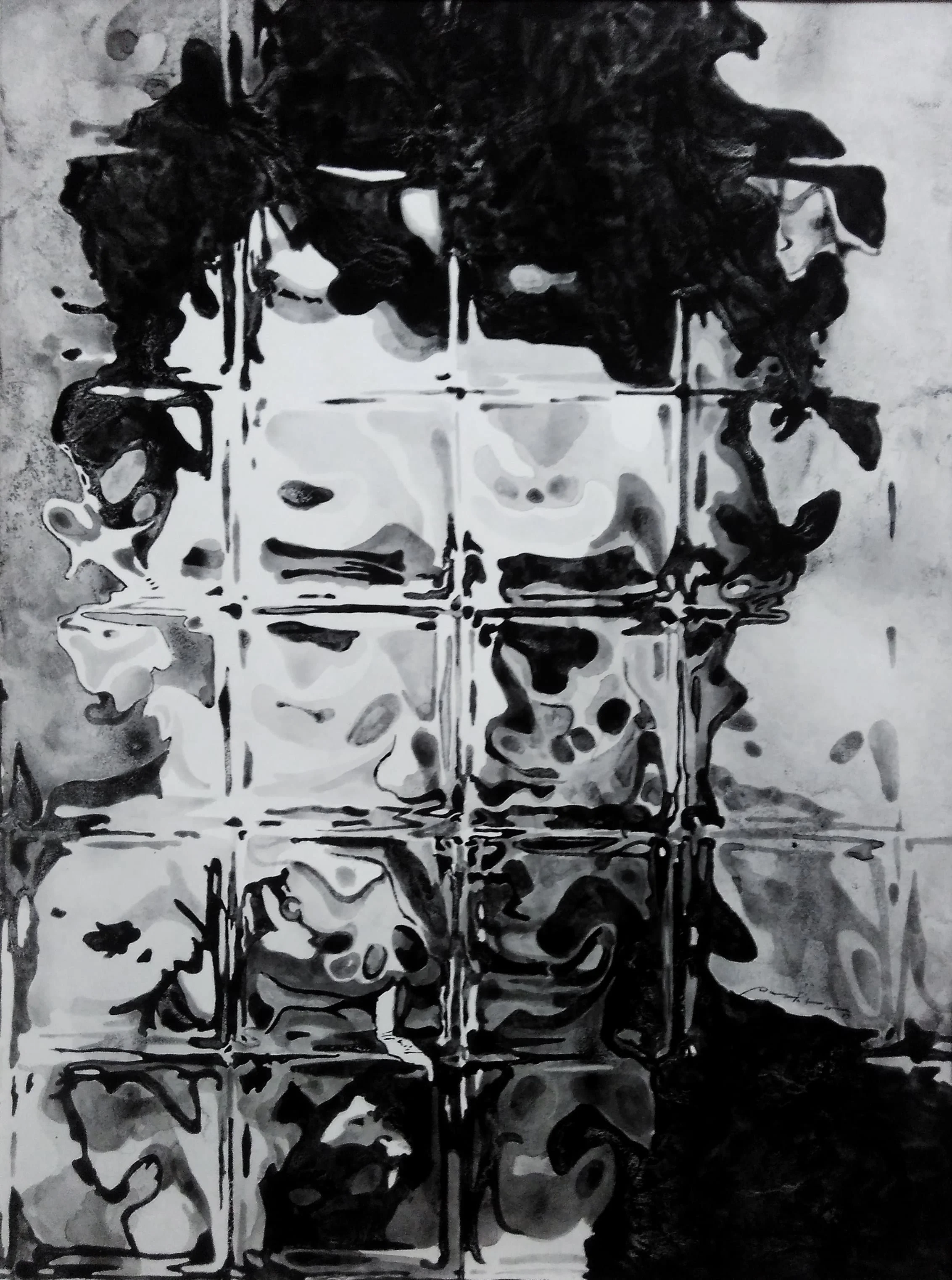 Black and white abstract painting with dark shapes and dripping ink, reminiscent of a fractured face or figure, on tiled wall background.