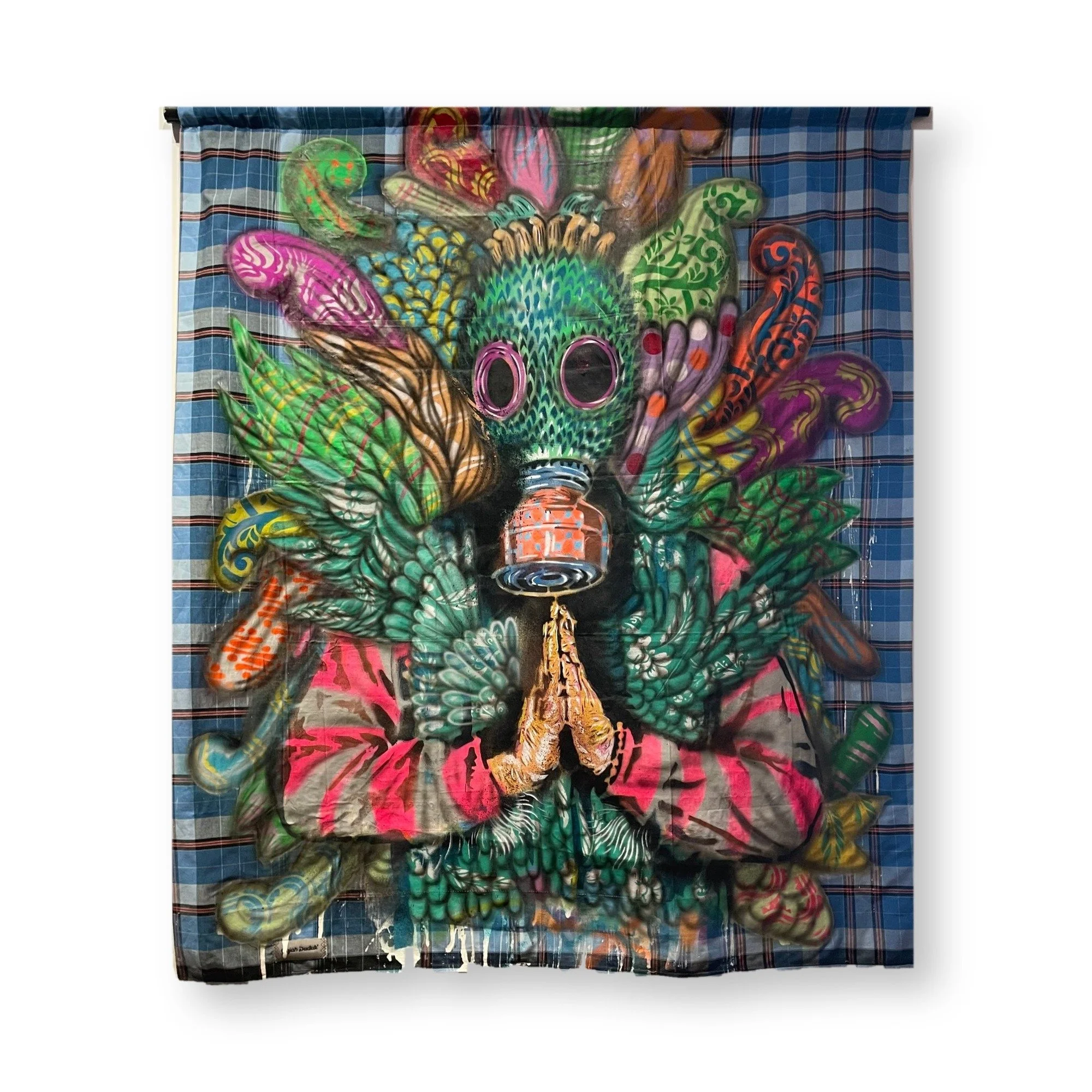  Anagard  
 Serving Humanity 
 Stencil pray paint on sarong 
 130cm x 105cm, 2025 