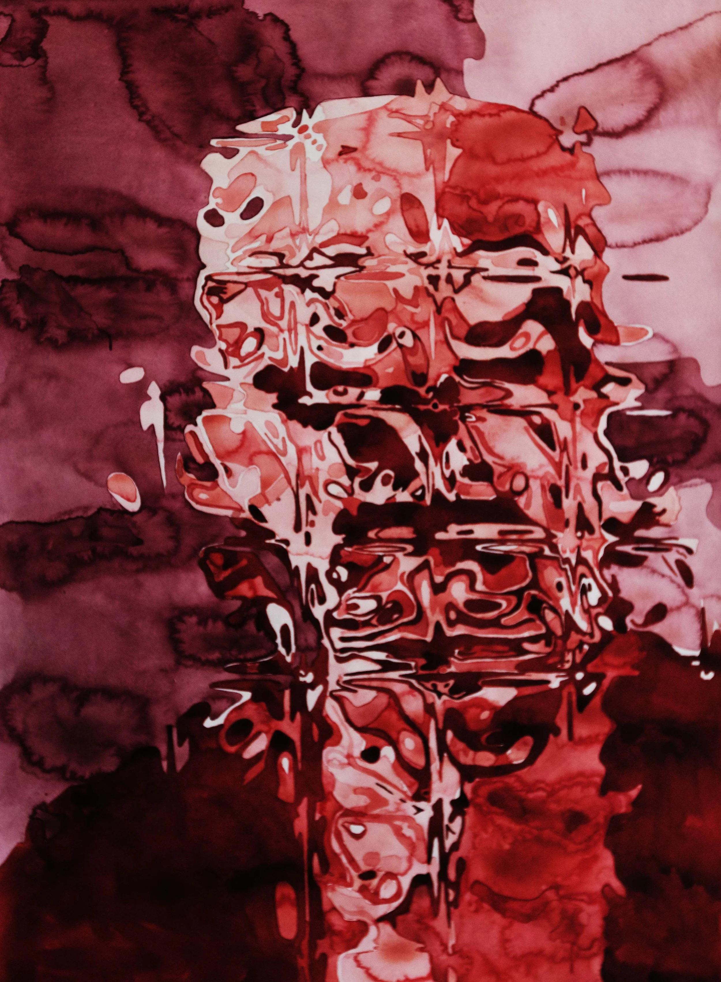 Abstract watercolor painting with shades of red, pink, and black, creating fluid and organic shapes.