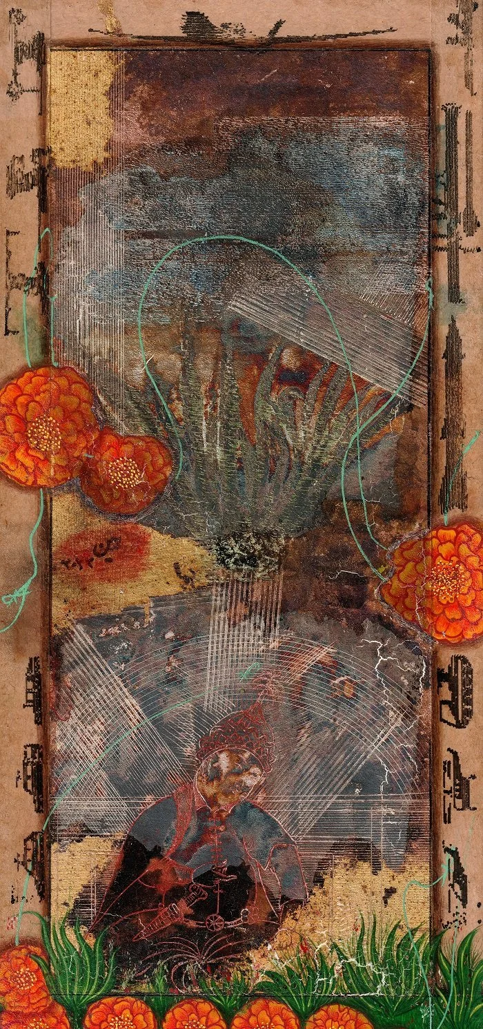 A mixed-media artwork featuring a young girl with curly hair playing a stringed instrument, surrounded by orange flowers and abstract, textured backgrounds.