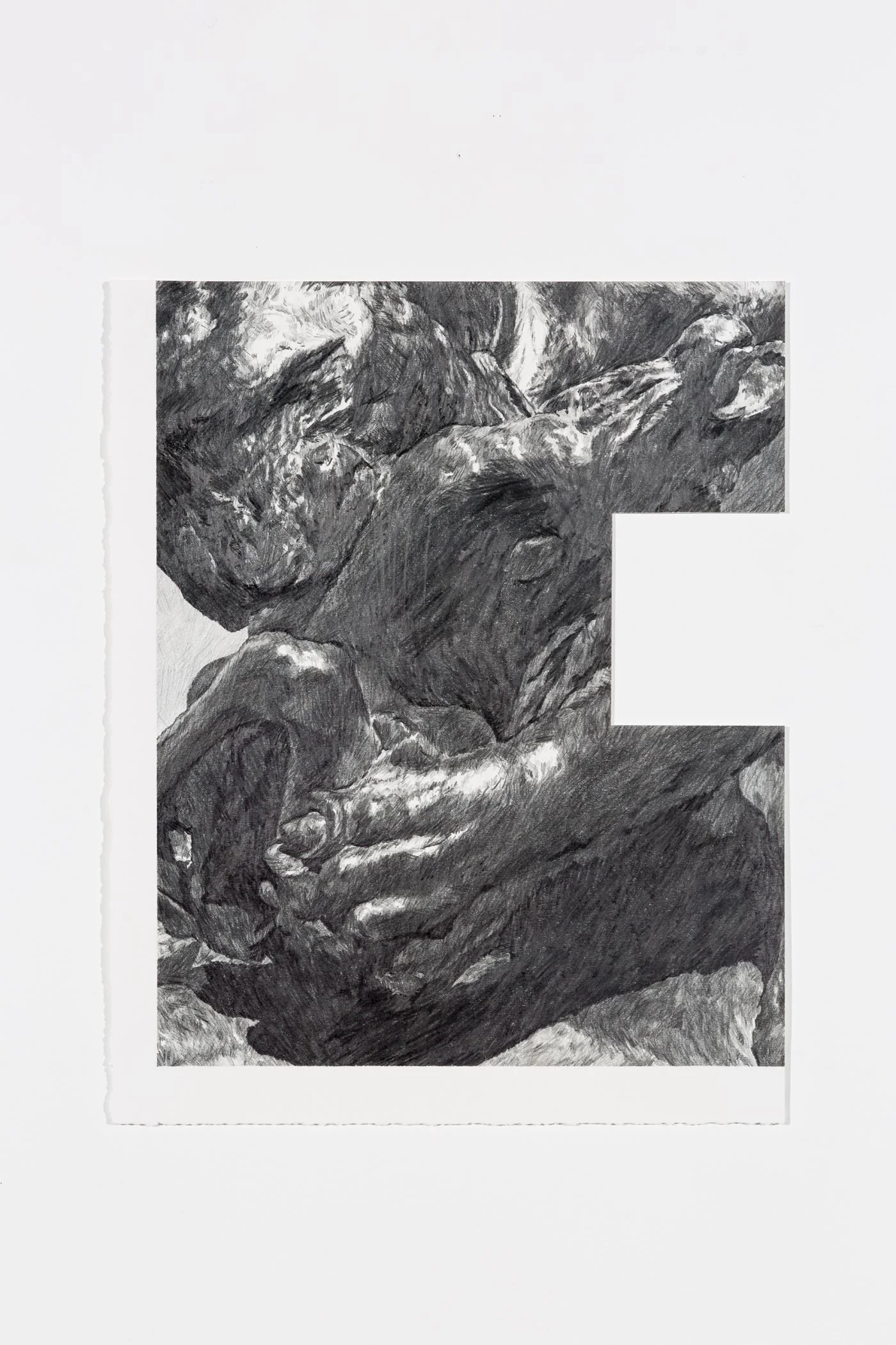 Drawing of a newborn baby sleeping on its side, resting on a blanket, rendered in black and white pencil sketch style.