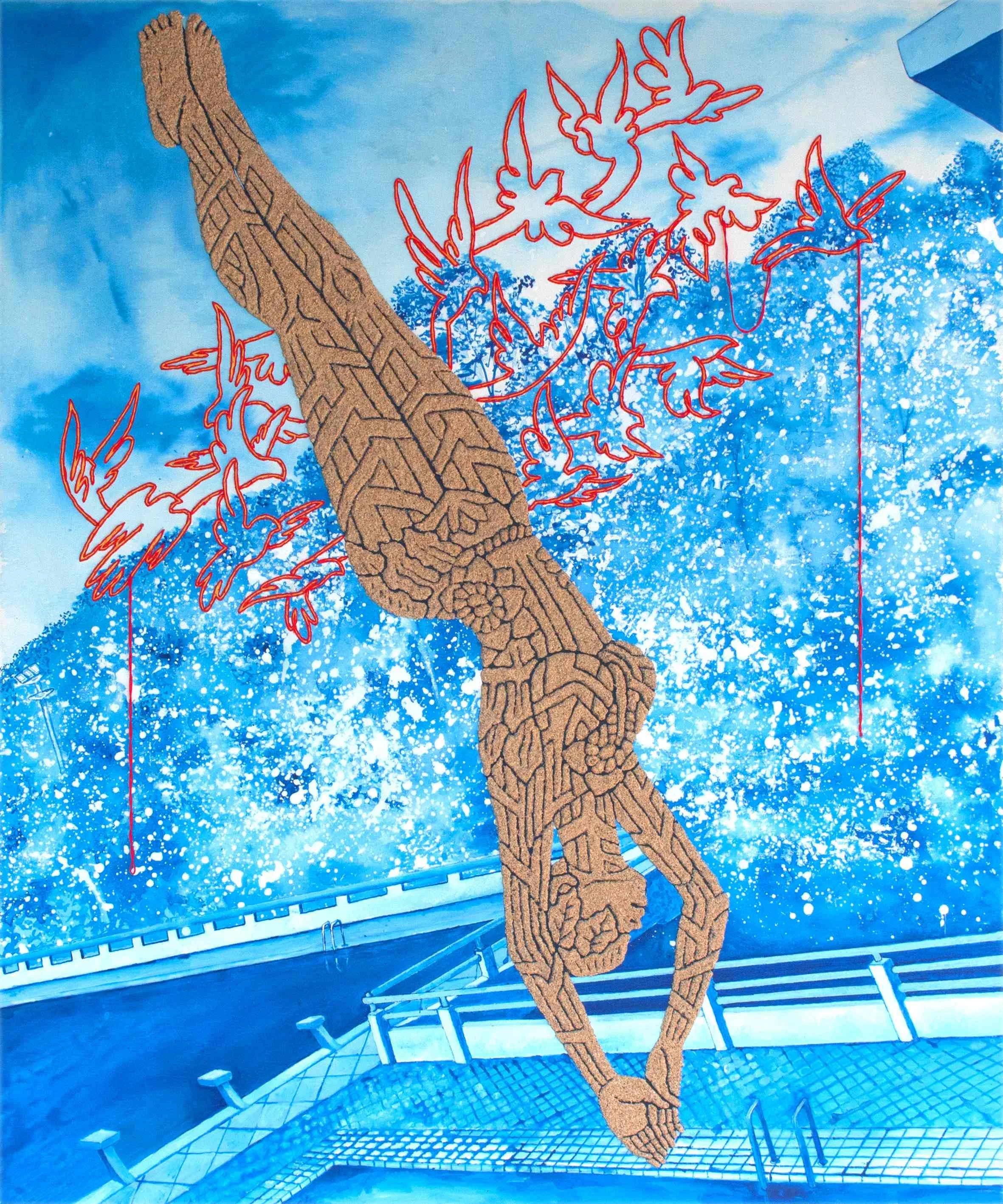  Grace in Suspension 
 Marble Powder, Hand Embroidery and Ink on Canvas 
 120cm x 100cm, 2025 