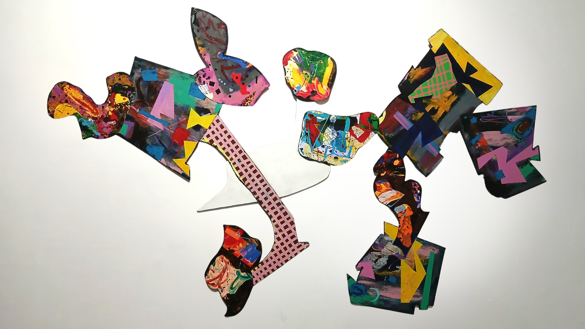  Fragmenting City 
 Acrylic and enamel on canvas and card on wood 
 136cm x 224cm, 2025 