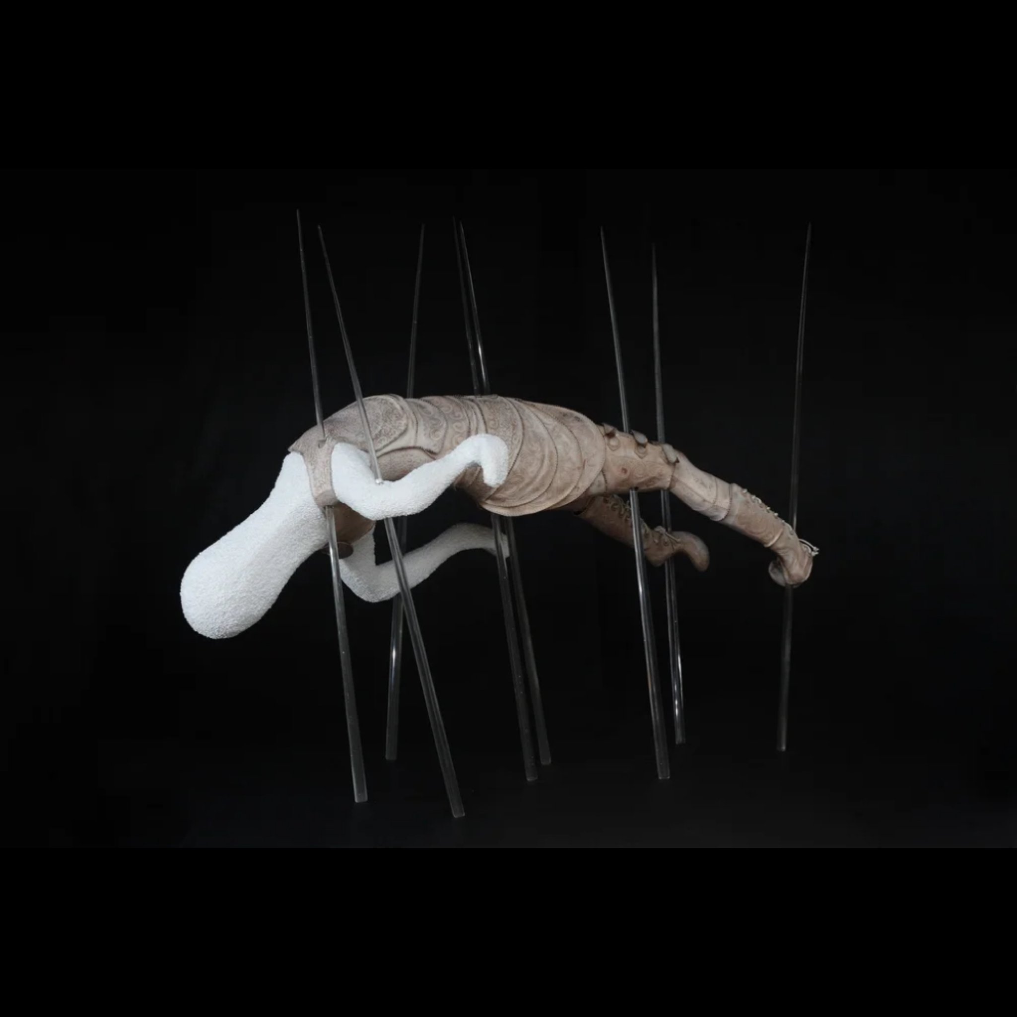  No One Escape The Death I Ride 
 Resin, silicone, brass, leather, leather paint 
 145 cm x 170 cm x 90 cm, 2013 