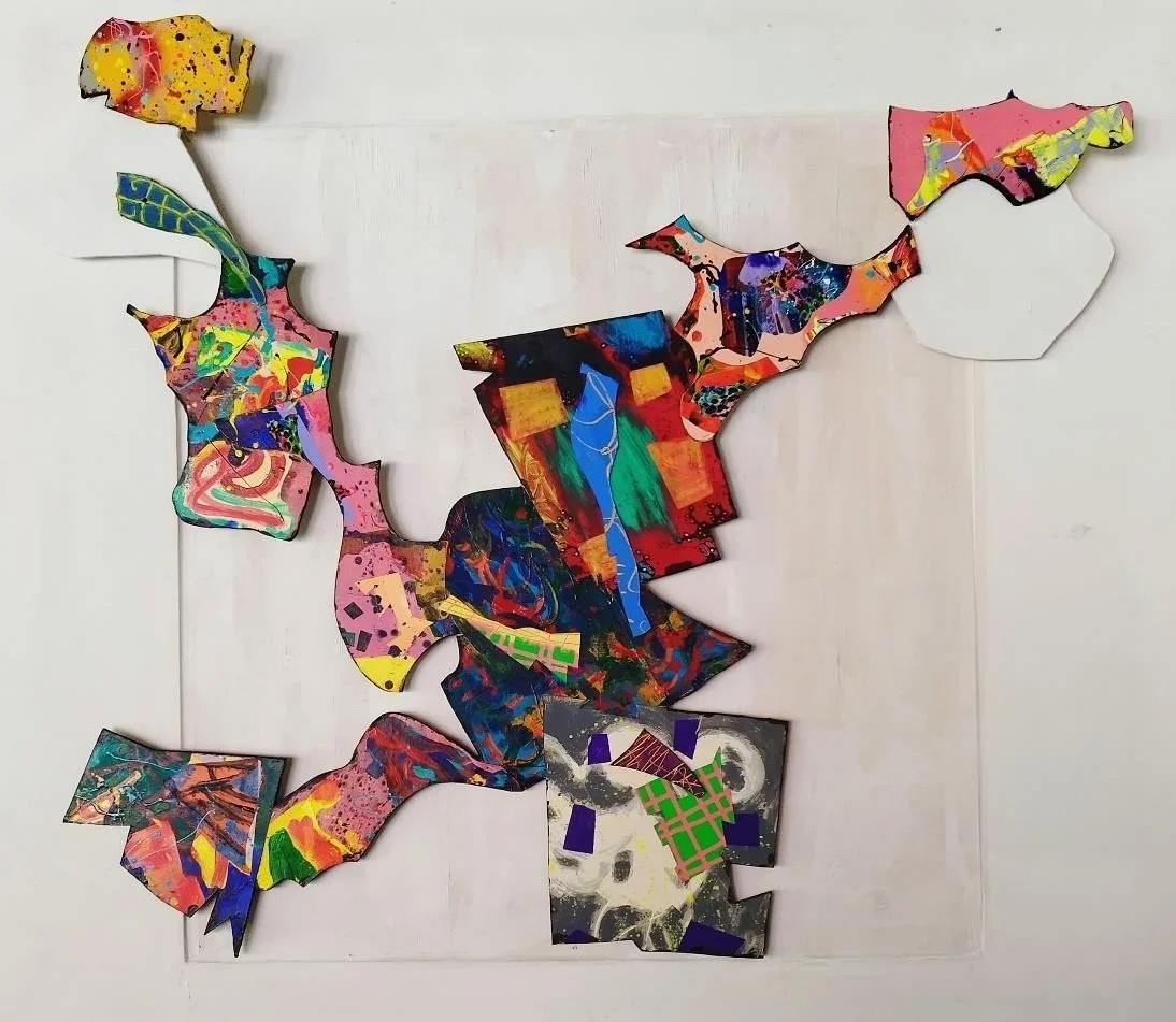  Spinning City 
 Acrylic and enamel on card, canvas and wood 
 171cm x 142cm, 2025 