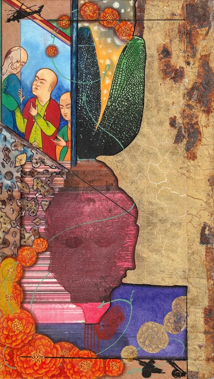 Colorful abstract mural with a side profile of a face at the center, surrounded by floral patterns, geometric shapes, and a small depiction of monks or religious figures in the upper left corner.