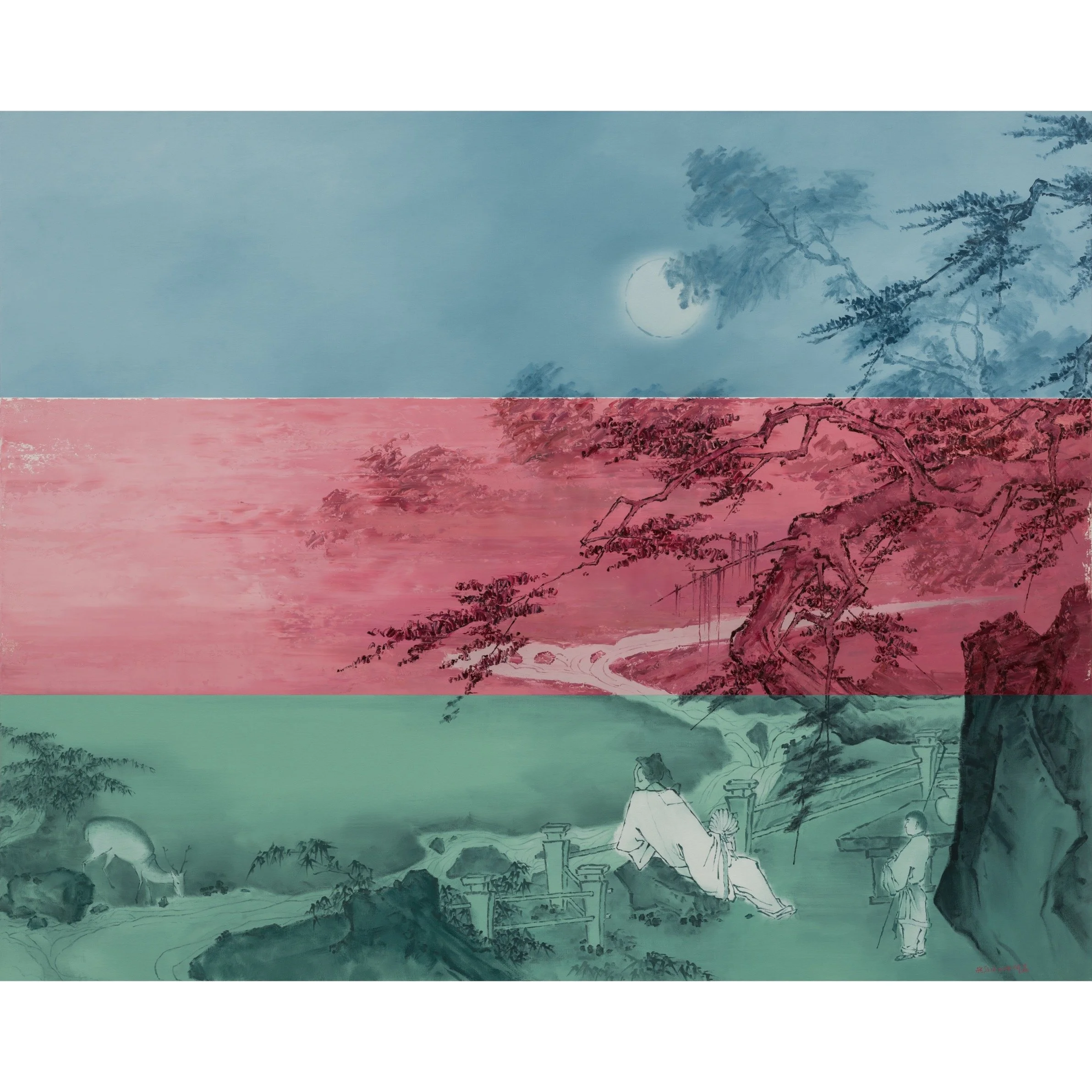  He Sen 
 Deer under Pine Trees 
 Oil on linen 
 250 x 200 cm, 2019 