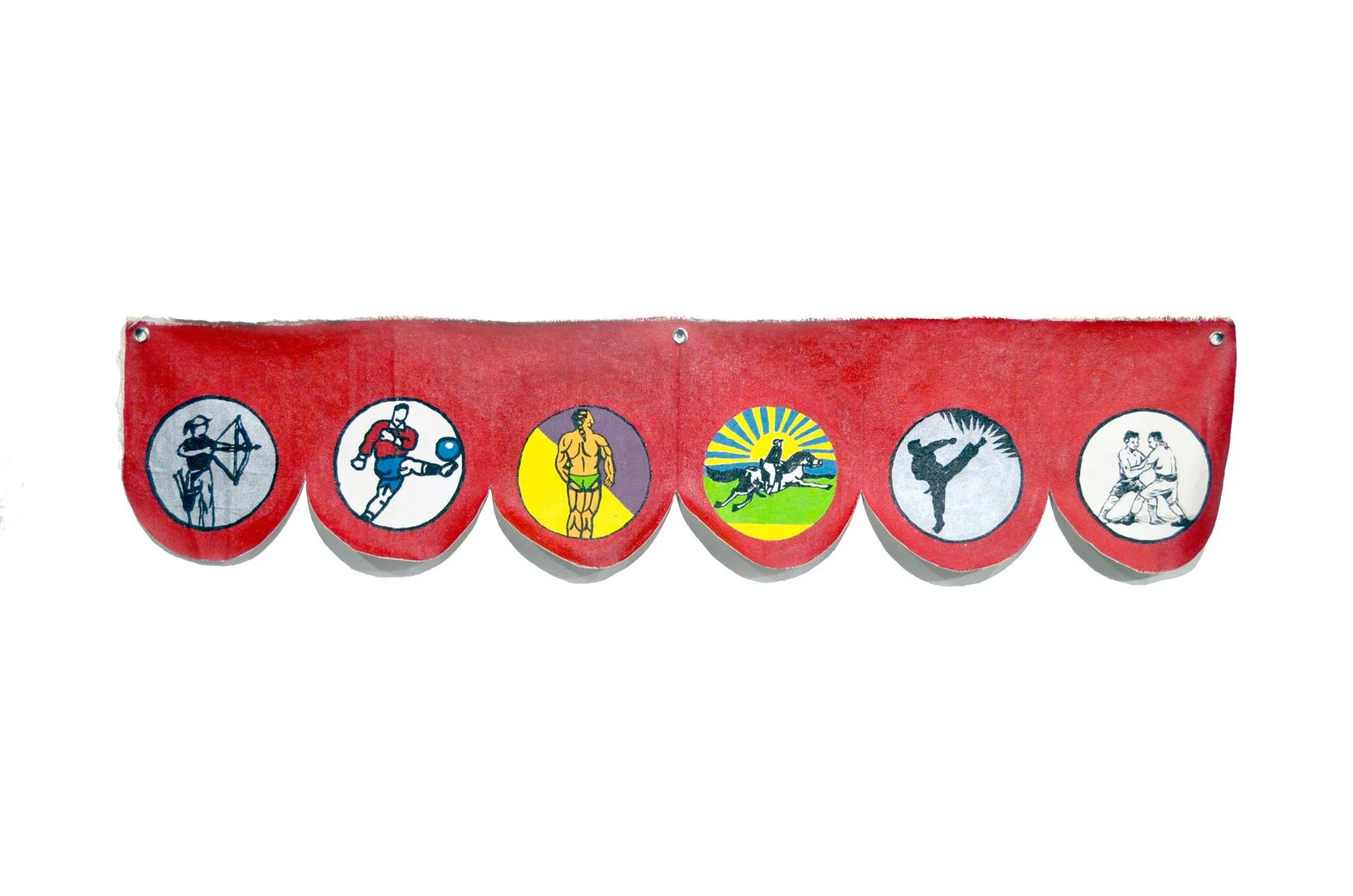 Red fabric banner with six circular illustrations of martial arts and combat sports, including archery, weightlifting, bodybuilding, horseback riding, martial arts kicking, and judo, arranged in a row.