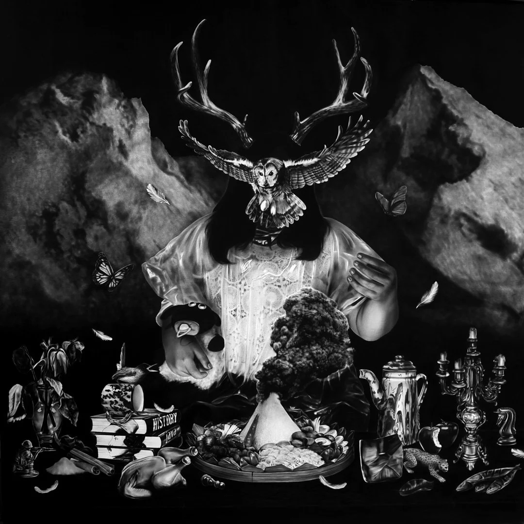 Black and white surreal collage featuring a person with a deer's antlers mask, an owl face, surrounded by books, vegetables, a bear figurine, and various objects including a candelabra and a teapot; mountains and flying feathers in the background.
