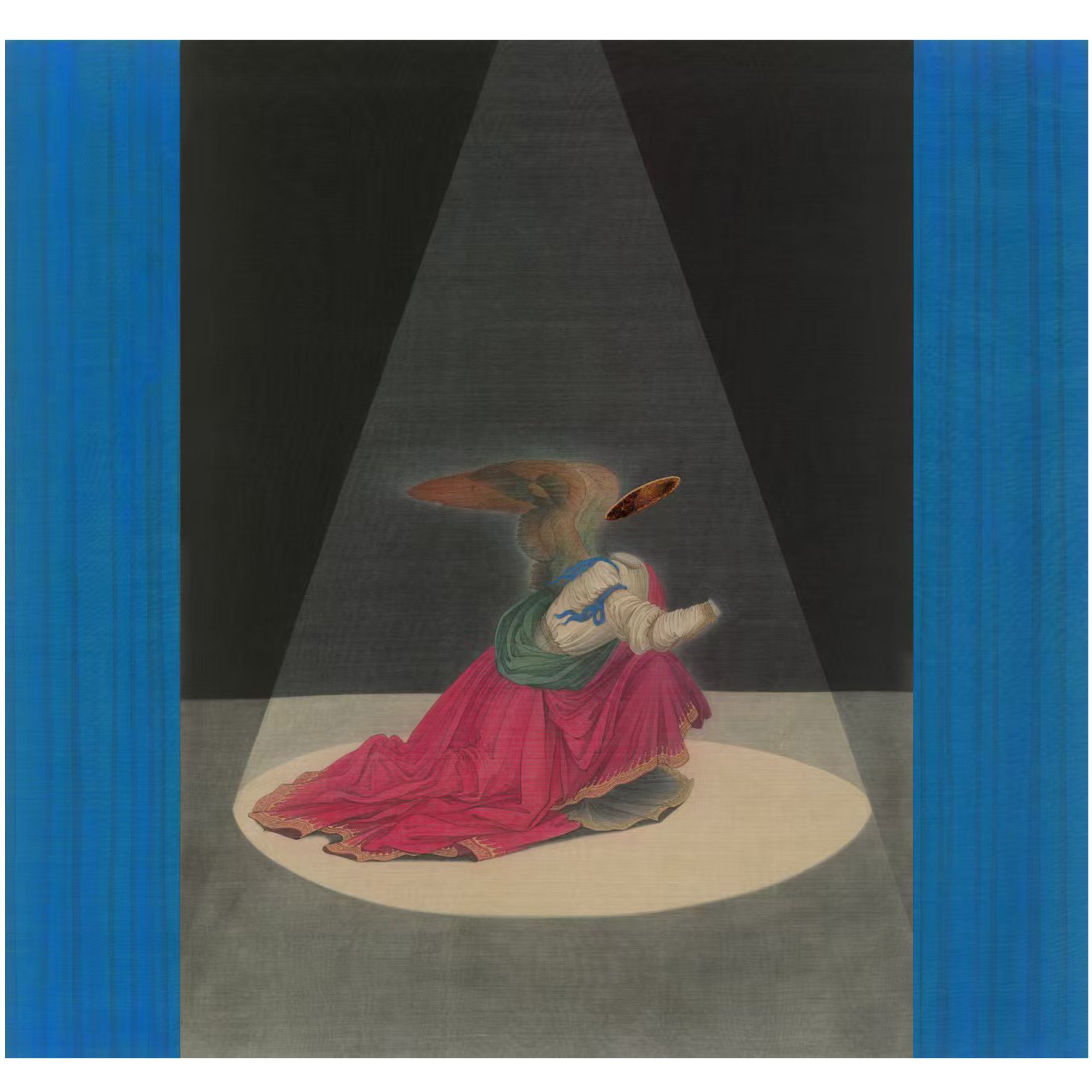  Jin Sha 
 The Blue Veil: Presence in Non-Being 
 Ink and colour pigment on silk 
 101cm x 95cm, 2026 